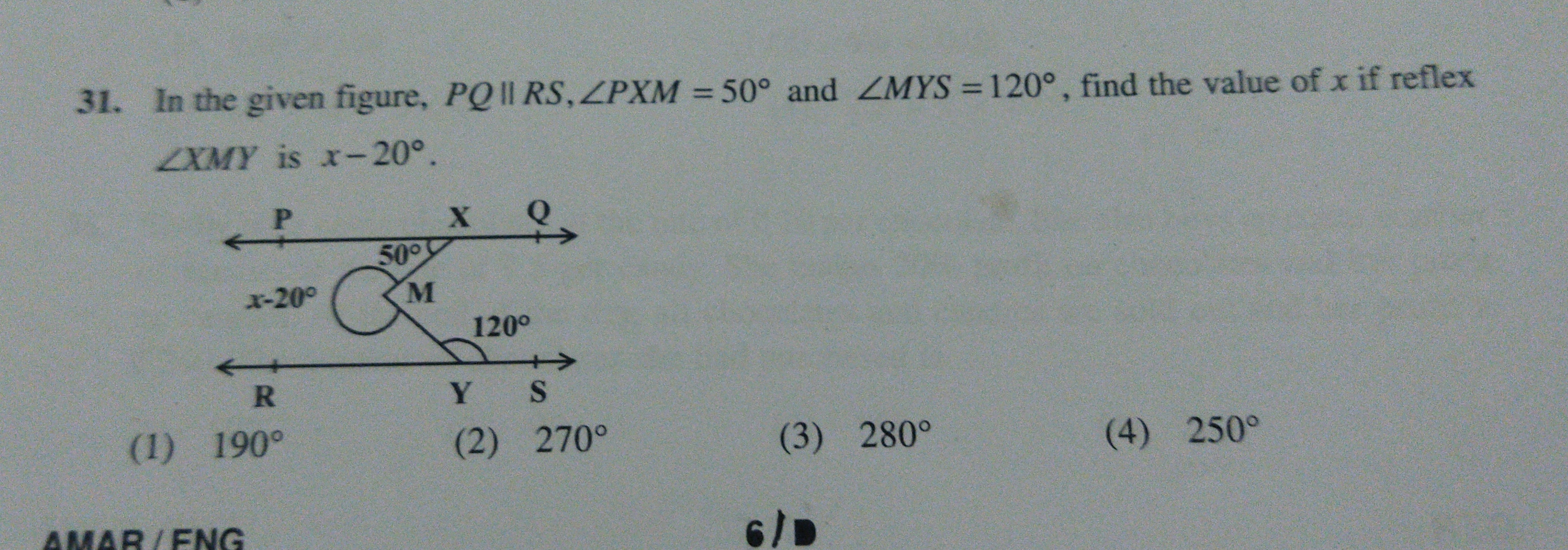 In the given figure, PQ∥RS,∠PXM=50∘ and ∠MYS=120∘, find the value of x