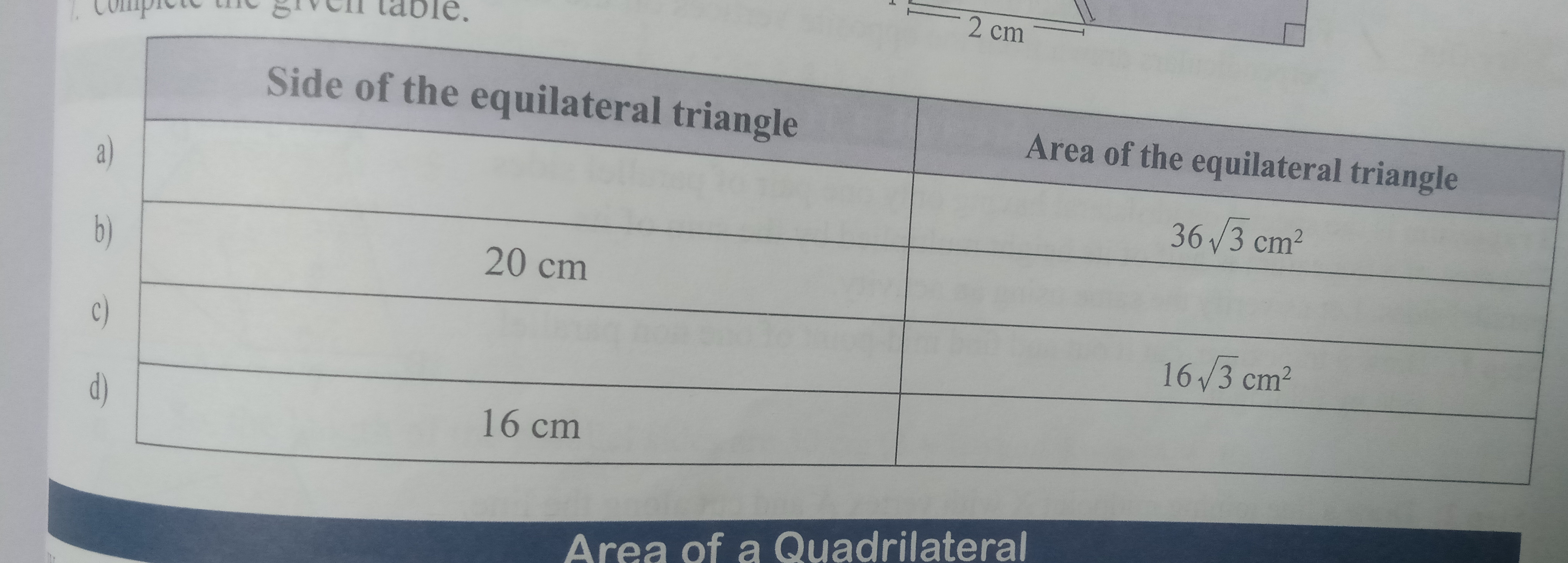 Side of the equilateral triangleArea of the equilateral triangle363​ c