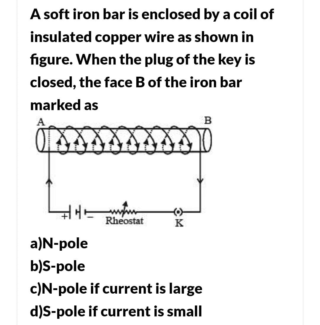 A soft iron bar is enclosed by a coil of insulated copper wire as show