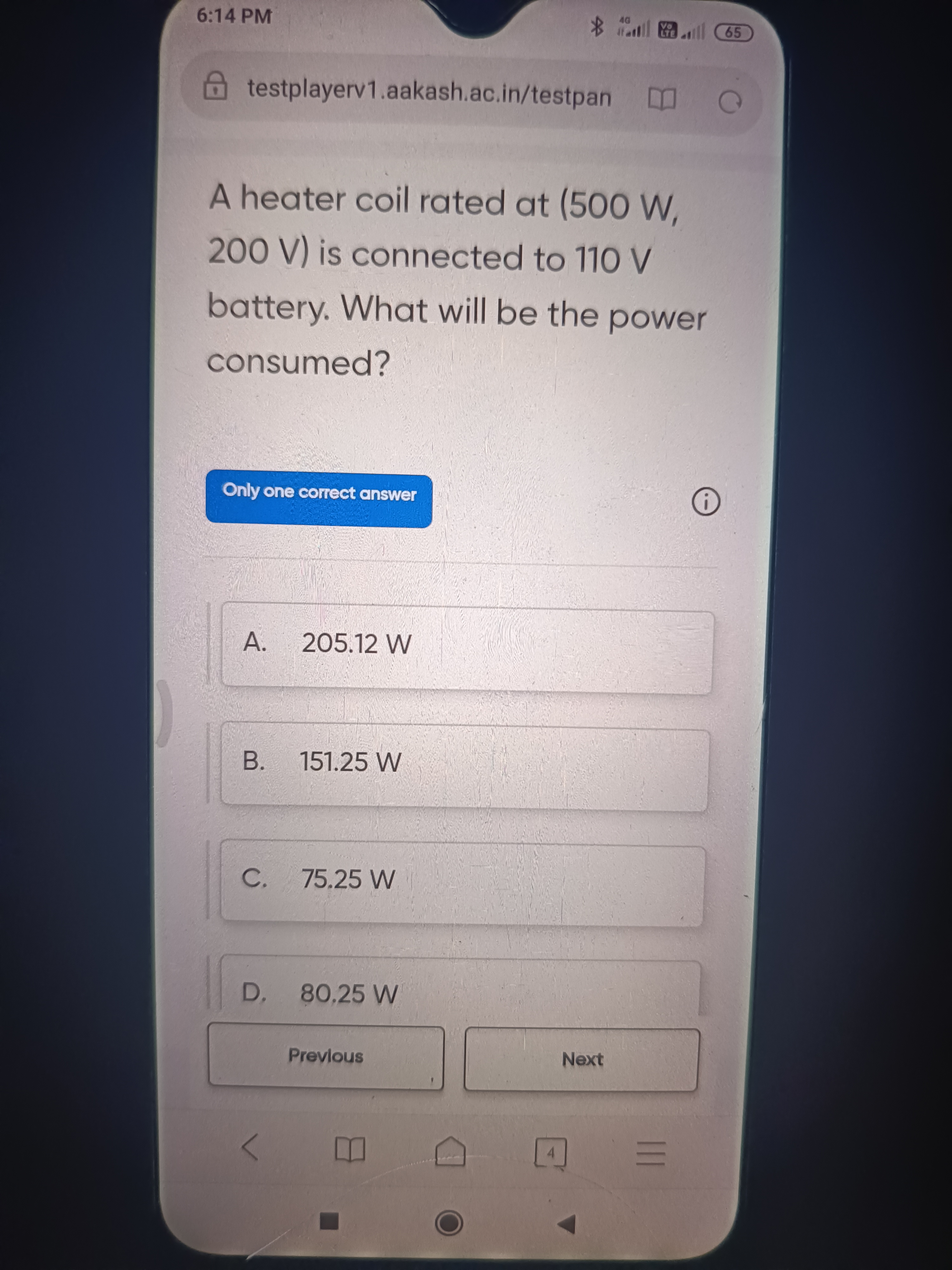 testplayerv1.aakash.ac.in/testpan A heater coil rated at (500 W, 200 V