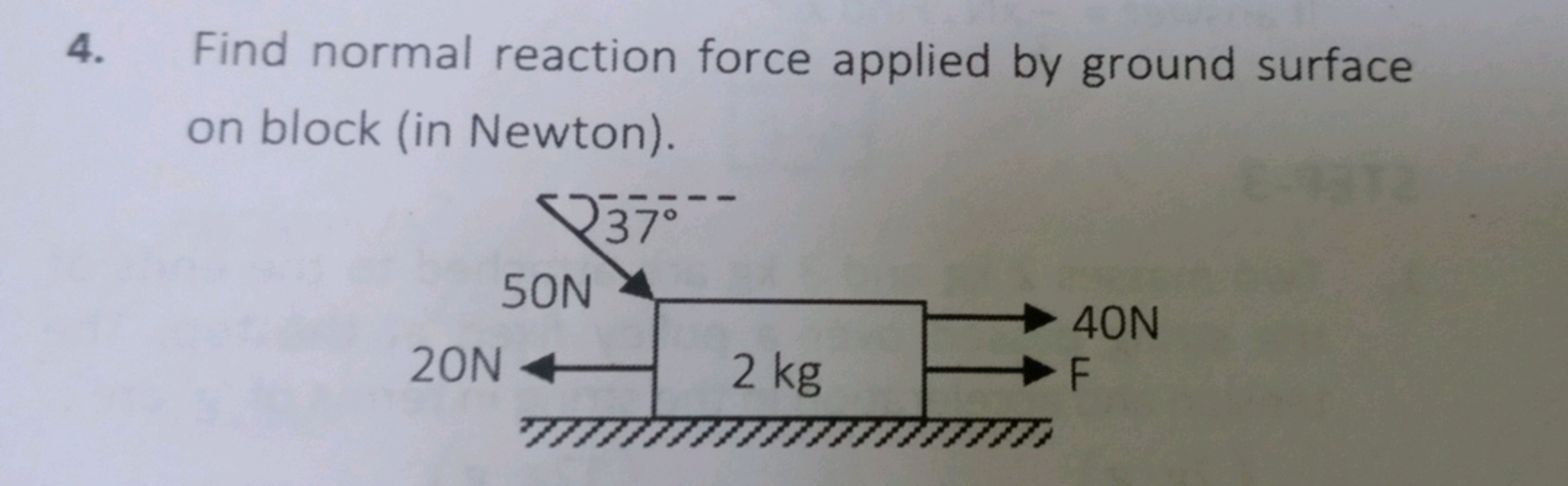 4. Find normal reaction force applied by ground surface
on block (in N