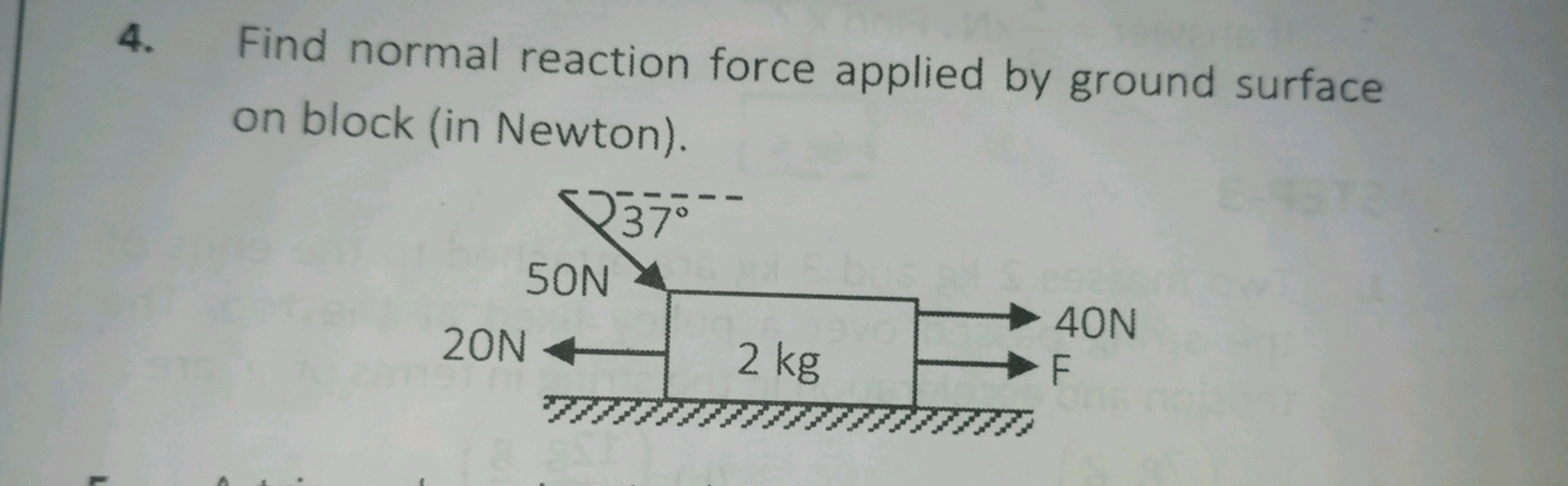 4. Find normal reaction force applied by ground surface on block (in N