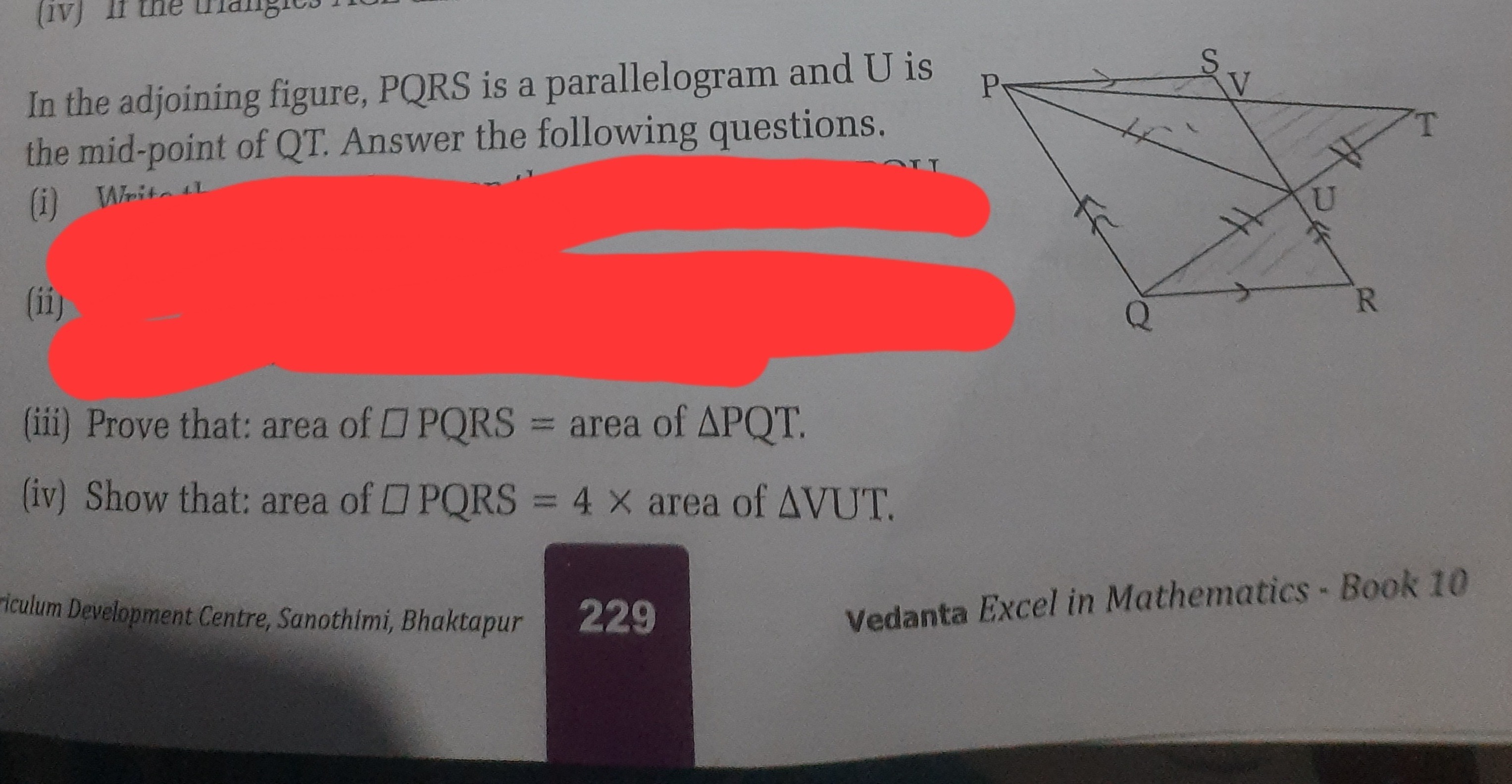 In the adjoining figure, PQRS is a parallelogram and U is the mid-poin