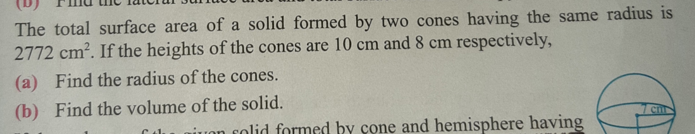The total surface area of a solid formed by two cones having the same 