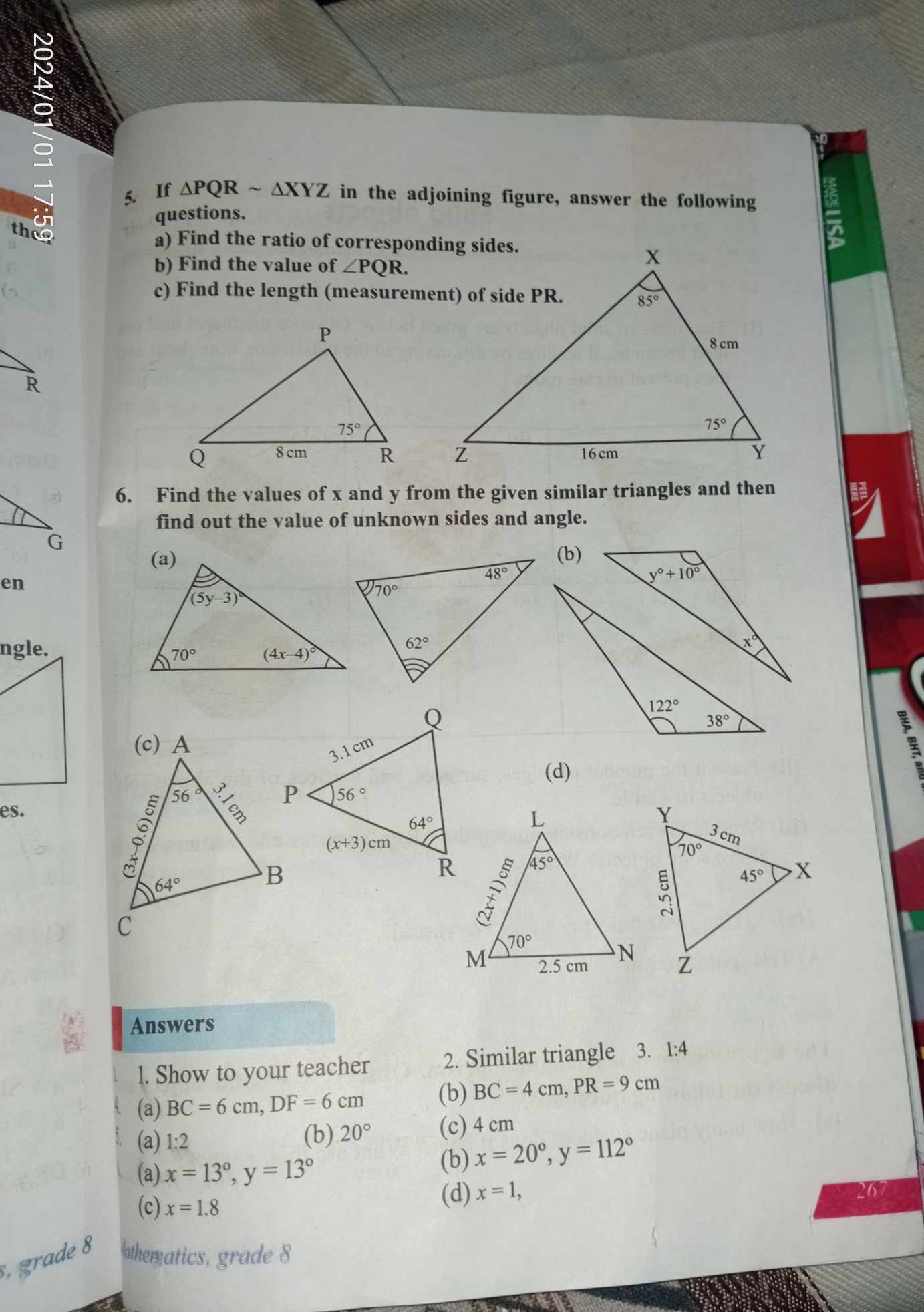 If △PQR∼△XYZ in the adjoining figure, answer the following questions. 