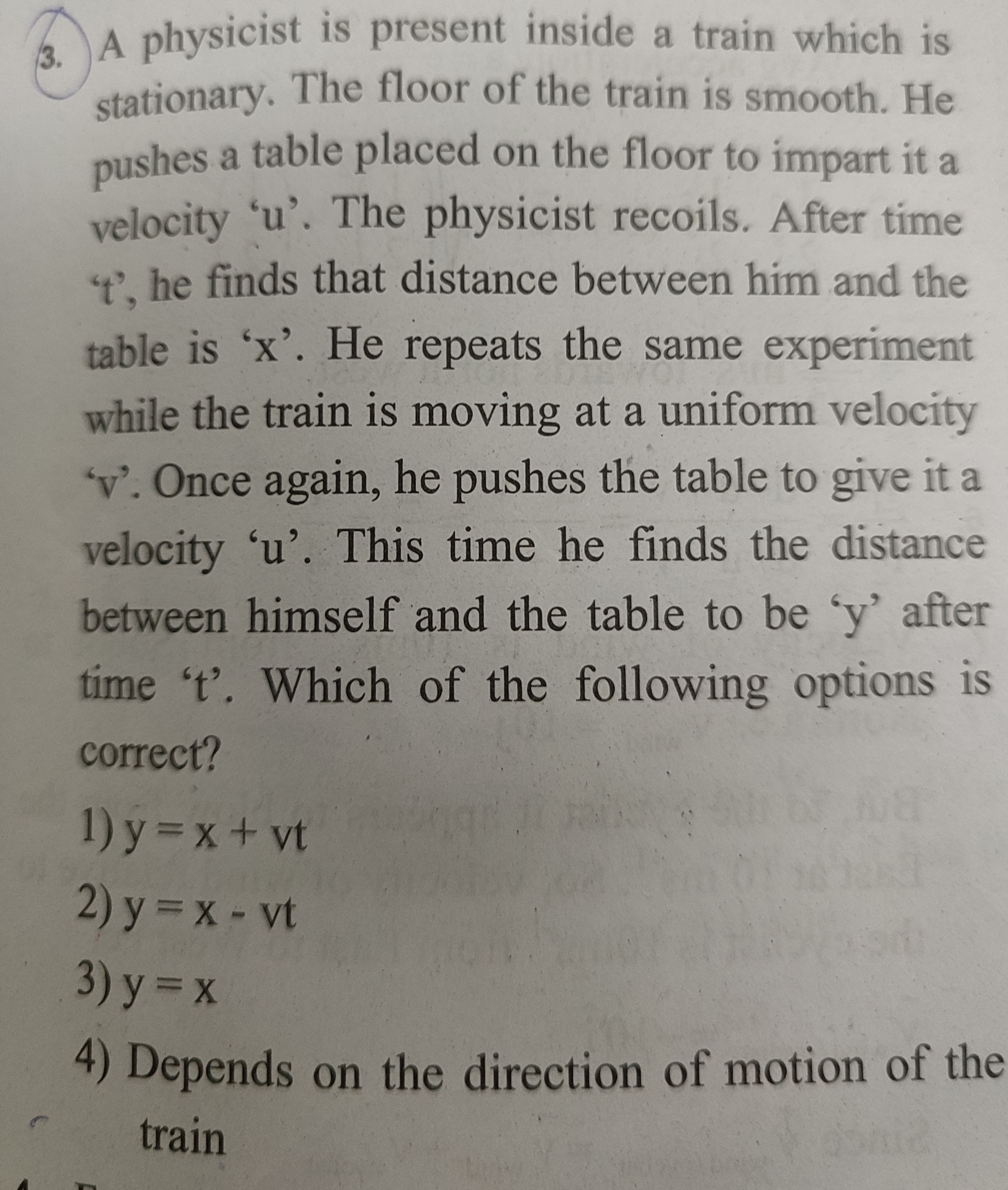 A physicist is present inside a train which is stationary. The floor o