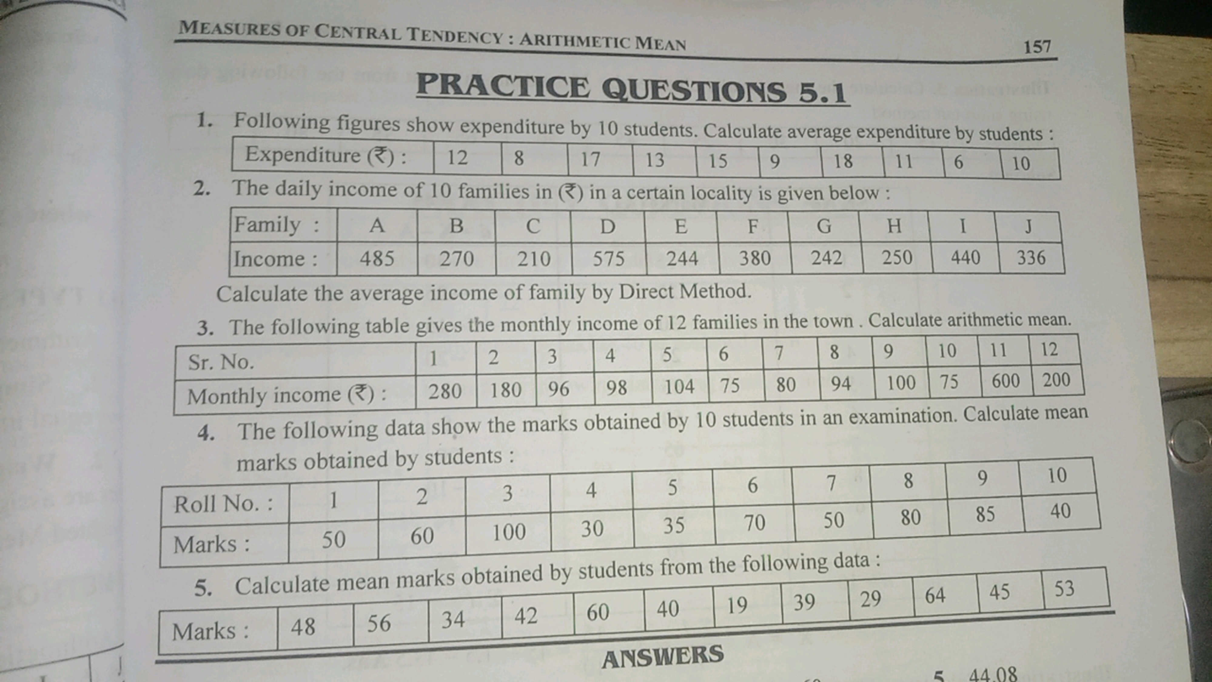 MEasures of Central Tendency : Arithmetic MEan
157
PRACTICE QUESTIONS 