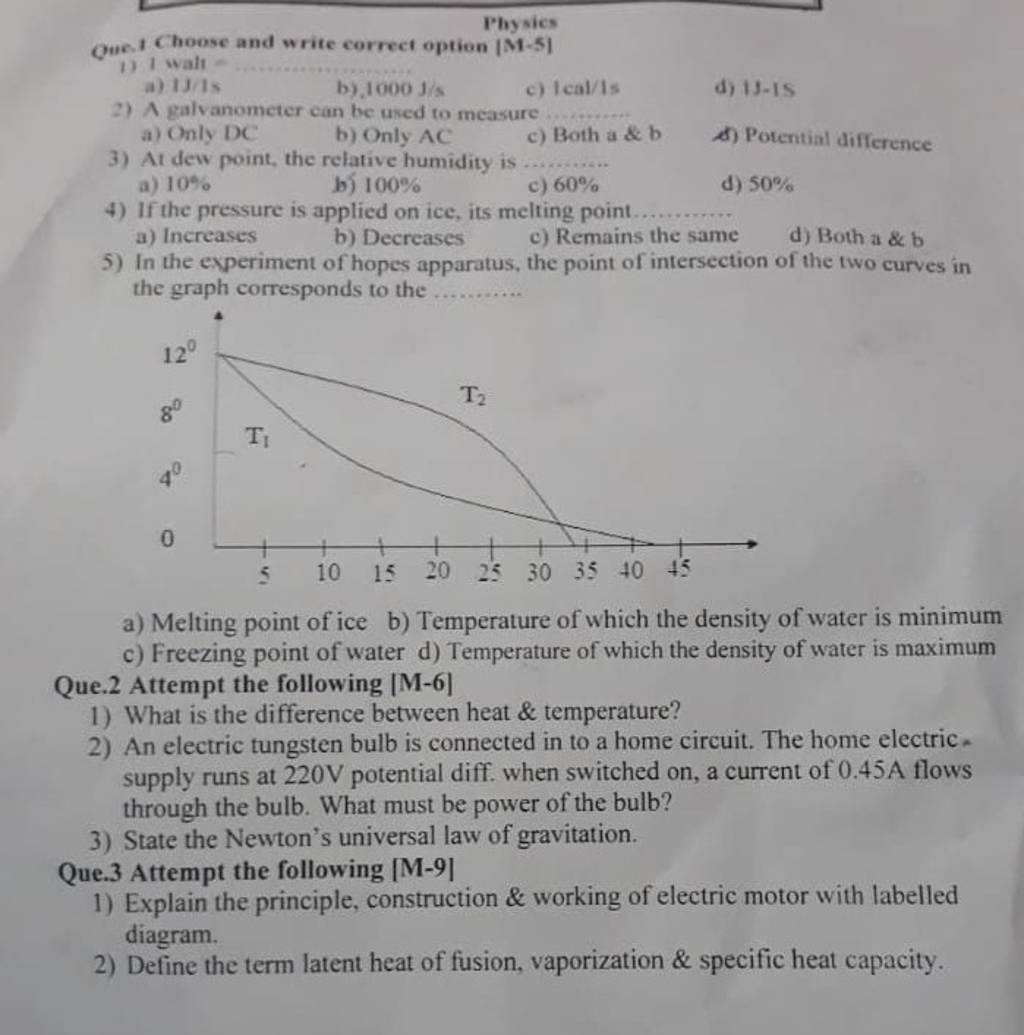 Physics Que 1 Choose and write correct option |M-5| 1) I walt