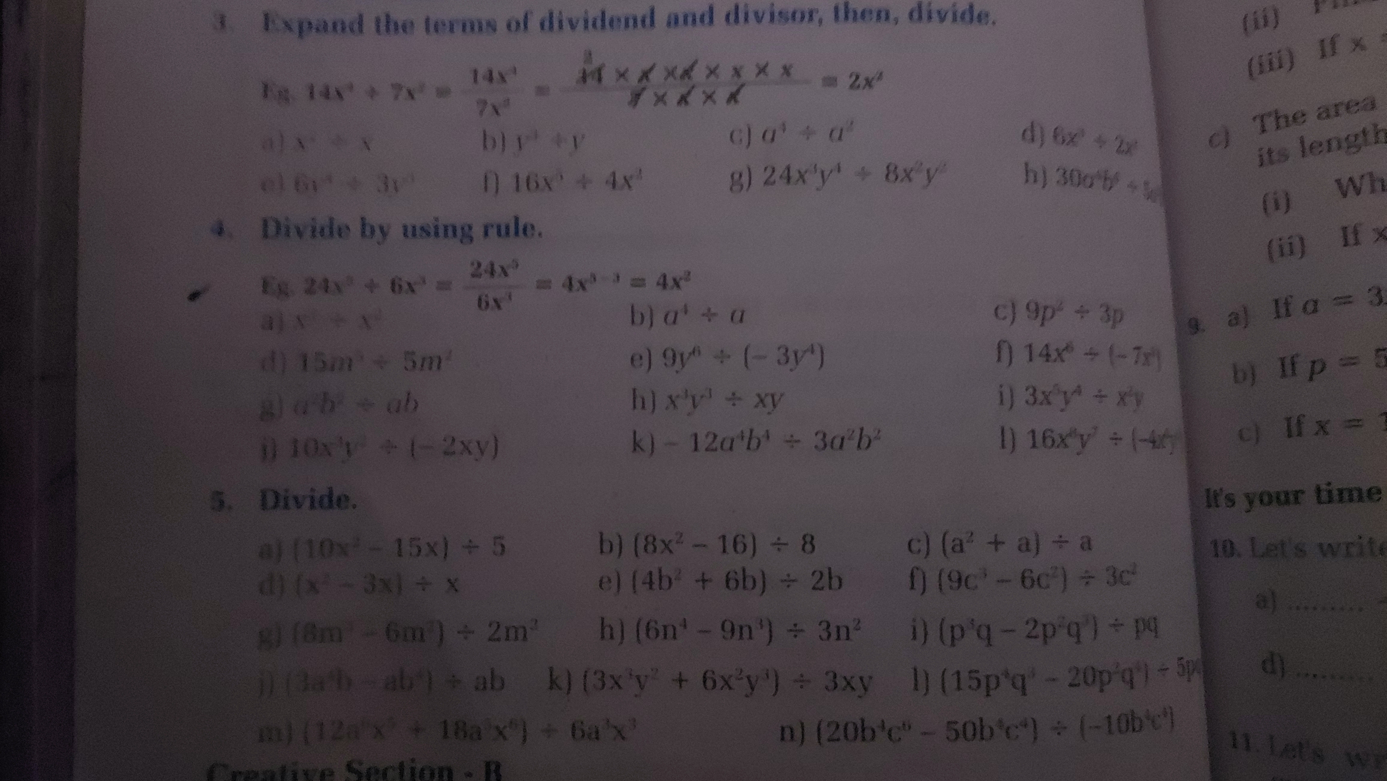 ก) 14x6+(−7x) 8) ab+ab h) x3y3÷xy i) 3x2y4÷x2 (1) 10x1+(−2xy) k) −12a4