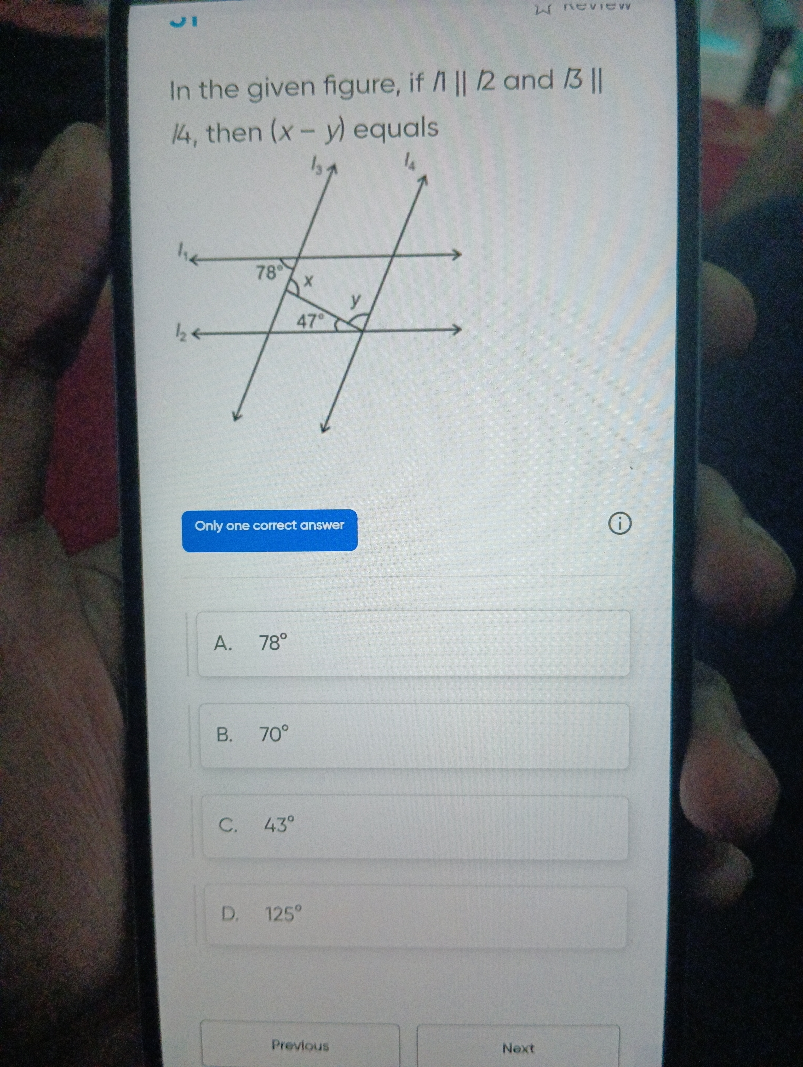 In the given figure, if I∣∣I and B∥ 14, then (x−y) equals Only one cor