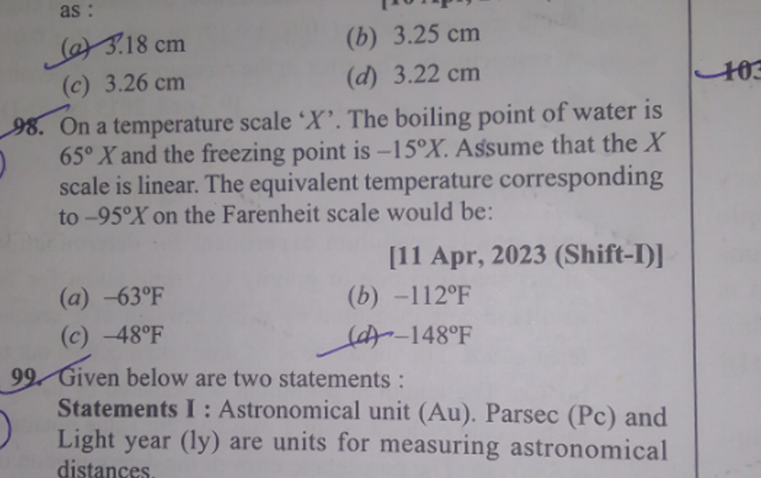 On a temperature scale ' X '. The boiling point of water is 65∘X and t