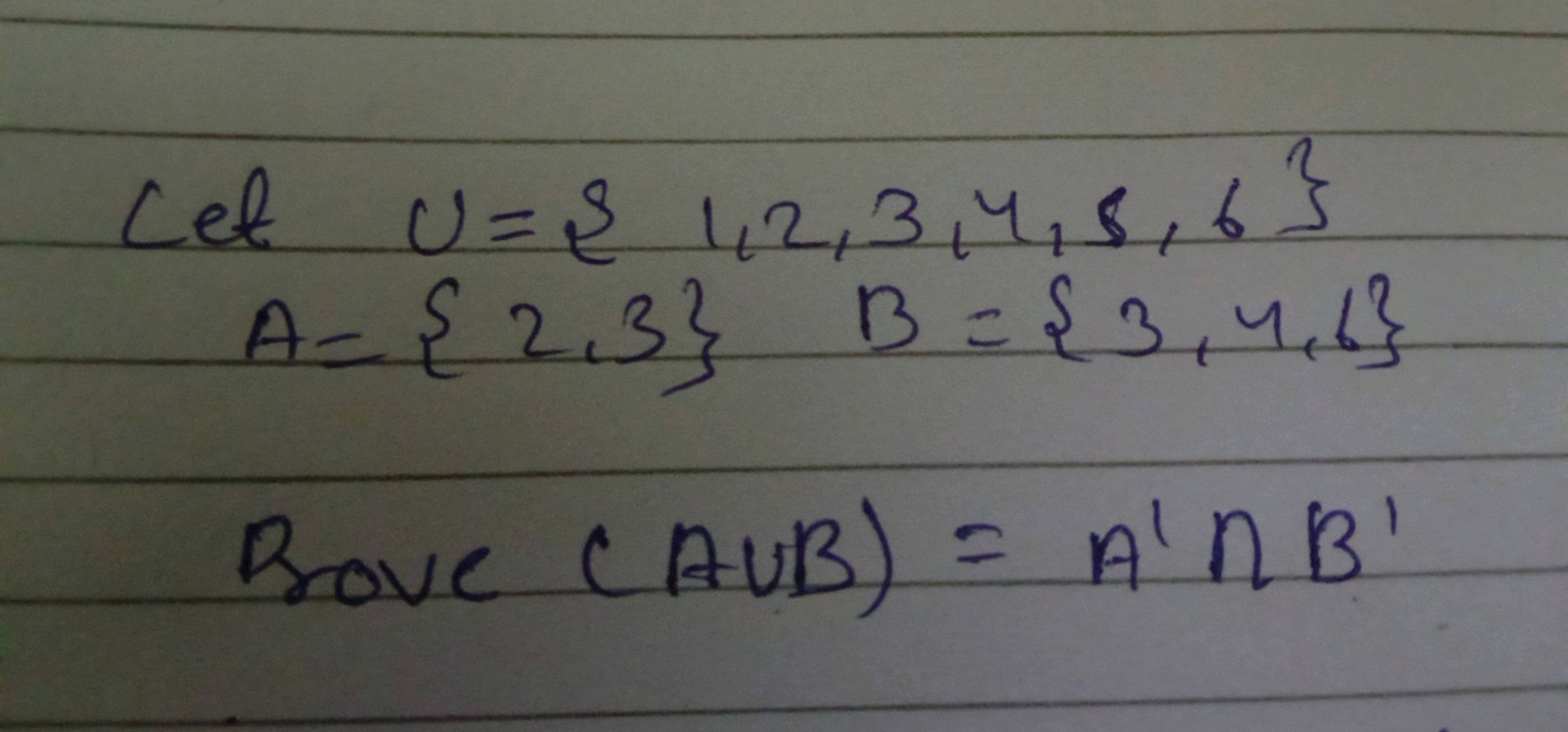  Let u={1,2,3,4,5,6}A={2,3}B={3,4,6} Brove (A∪B)=A′∩B′​