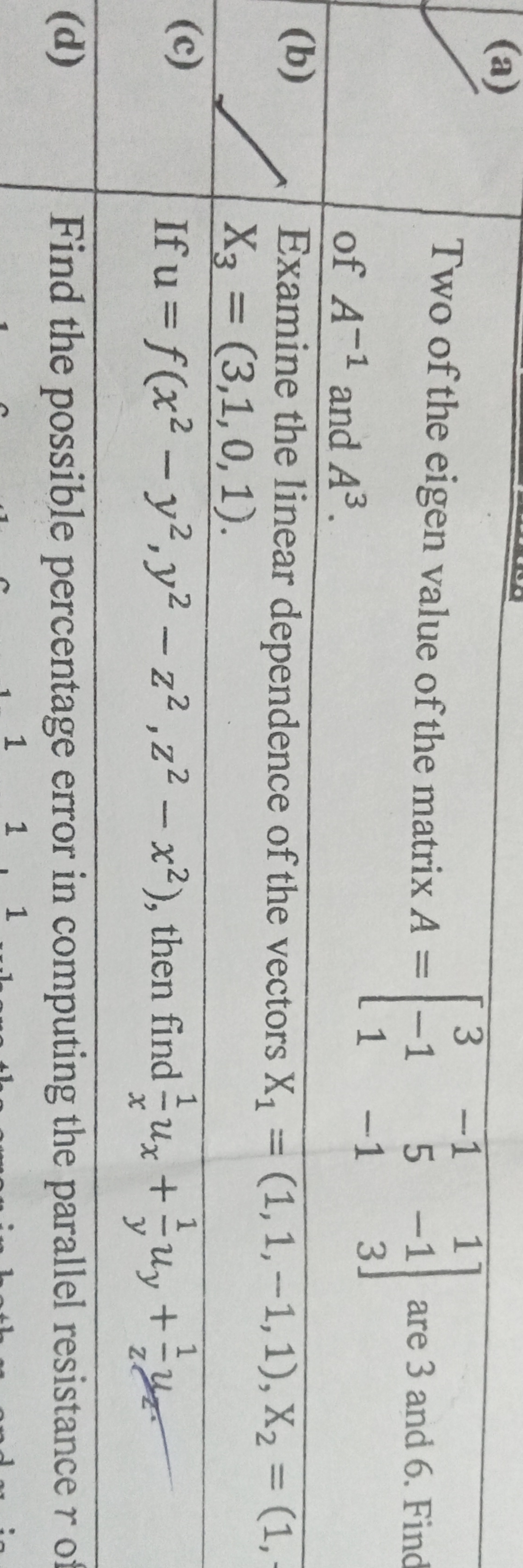 (a)
of A−1 and A3.
Examine the linear dependence of the vectors X1​=(1