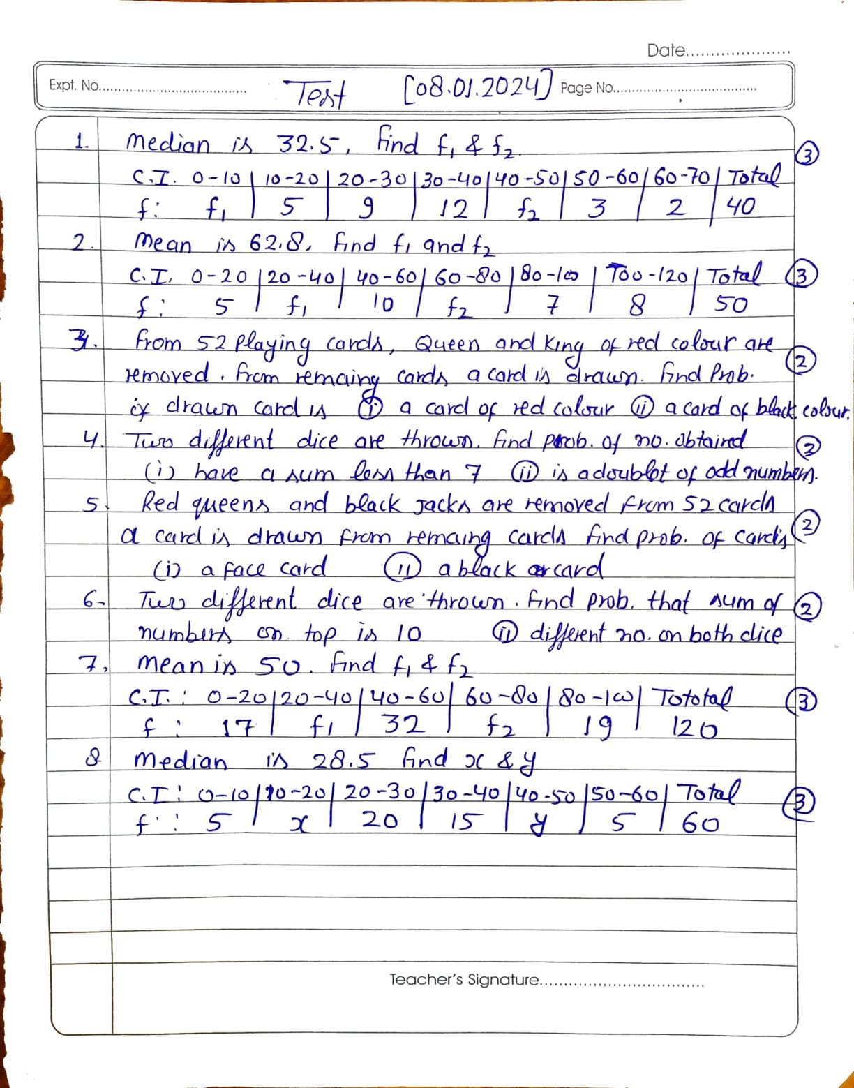 Date. ....
Expt. No.
Test [08.01.2024]
Page No.
1. Median is 32.5 , fi