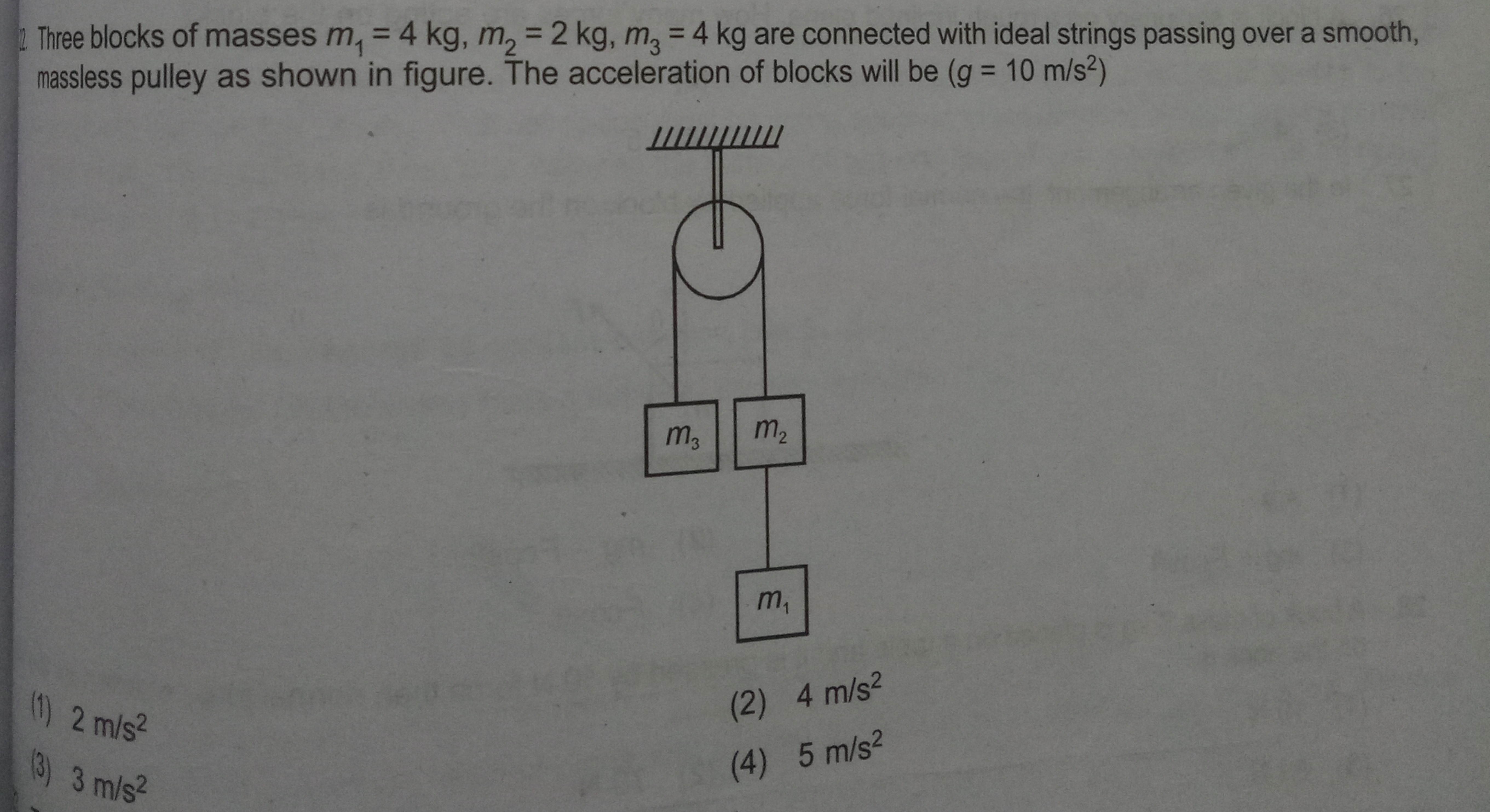 Three blocks of masses m1​=4 kg,m2​=2 kg,m3​=4 kg are connected with i