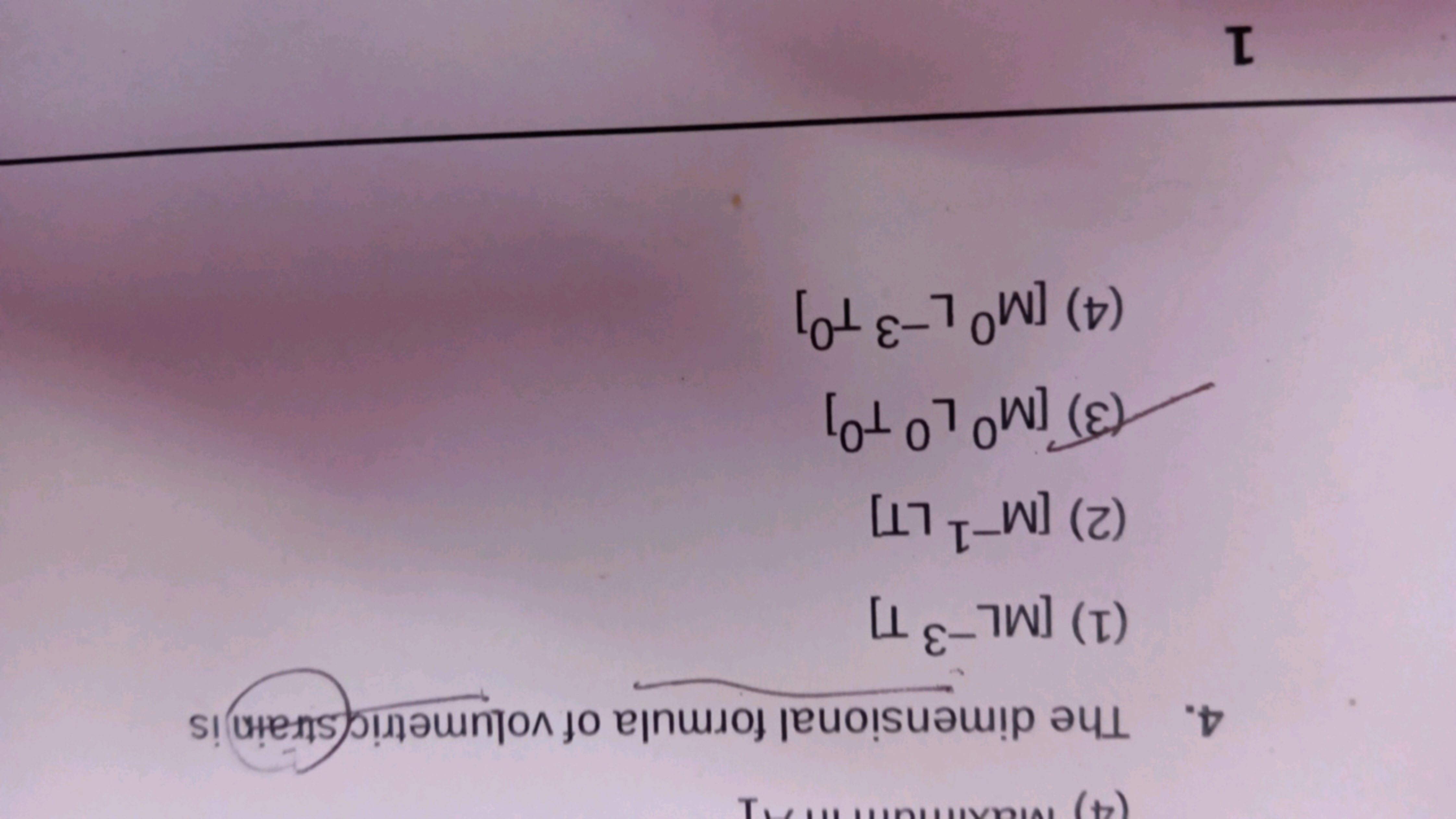 4. The dimensional formula of volumetricstrain is
(1) [ML−3 T]
(2) [M−