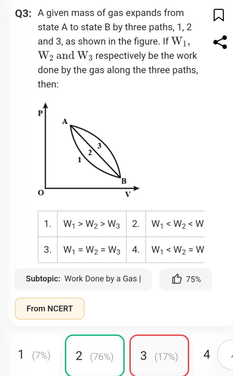 Q3: A given mass of gas expands from state A to state B by three paths