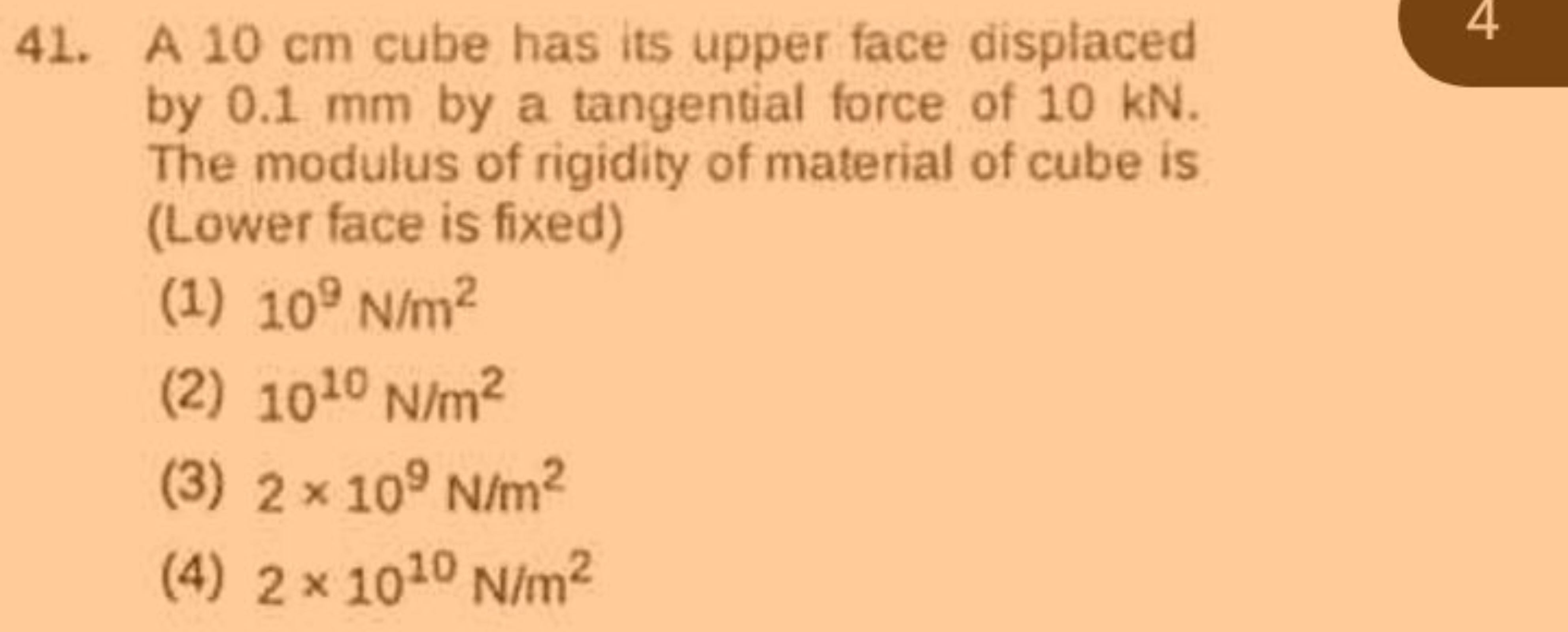 41. A 10 cm cube has its upper face displaced by 0.1 mm by a tangentia