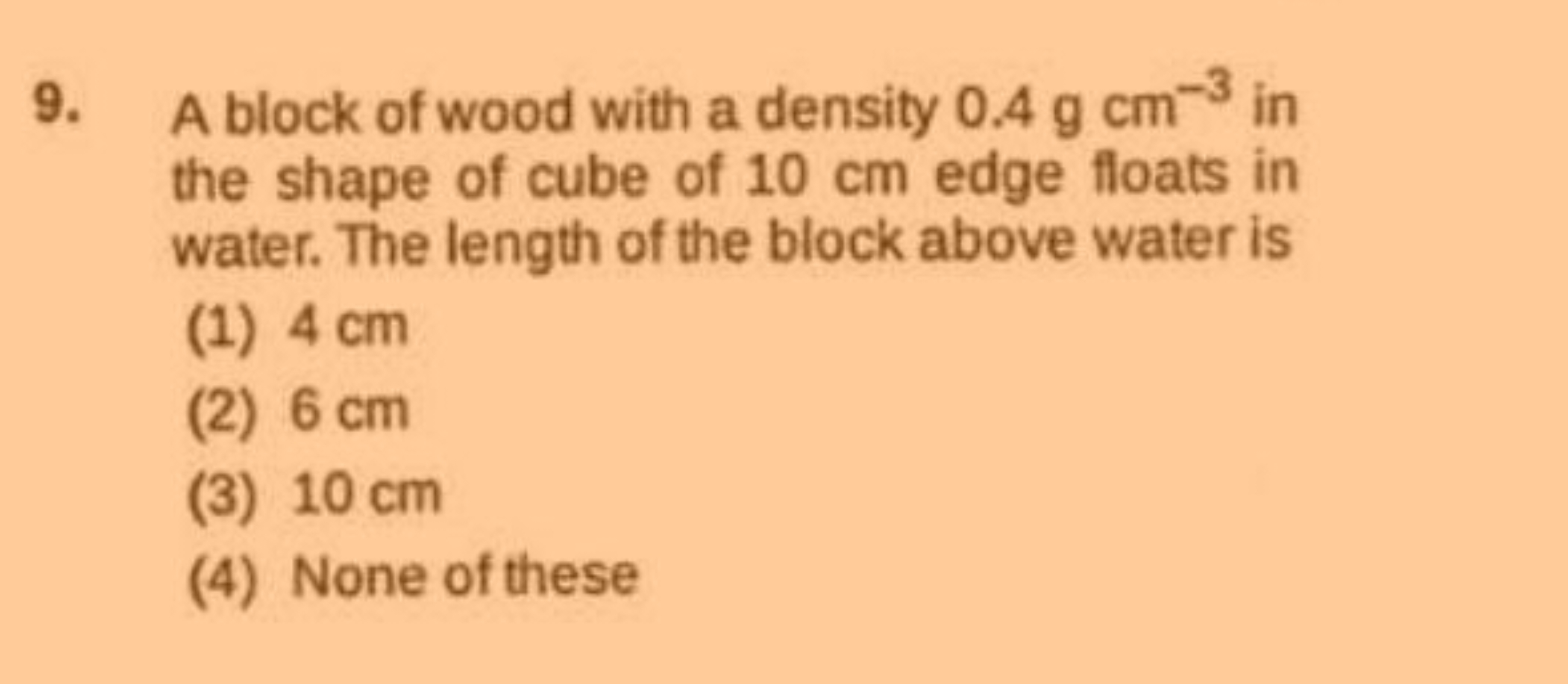 9. A block of wood with a density 0.4 g cm−3 in the shape of cube of 1