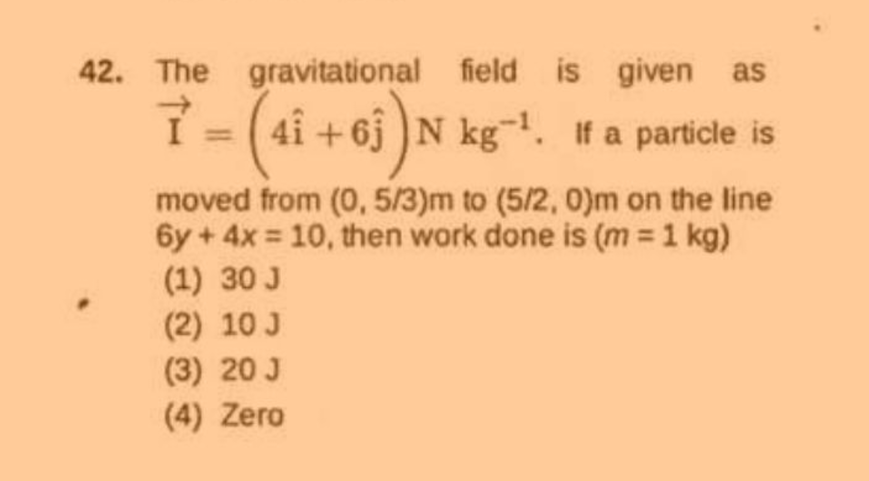 42. The gravitational field is given as I=(4i^+6j^​)Nkg−1. If a partic