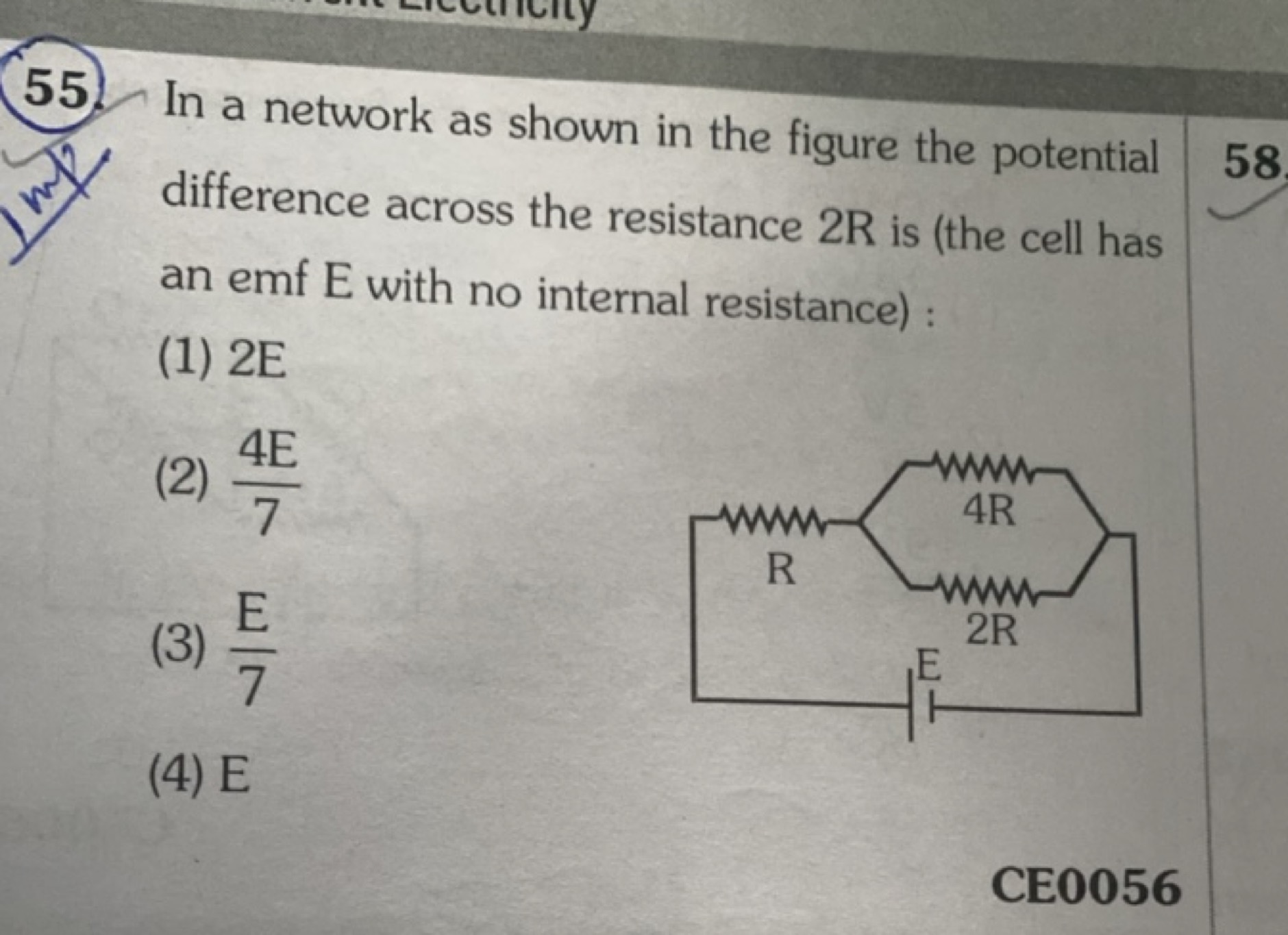 55. In a network as shown in the figure the potential difference acros