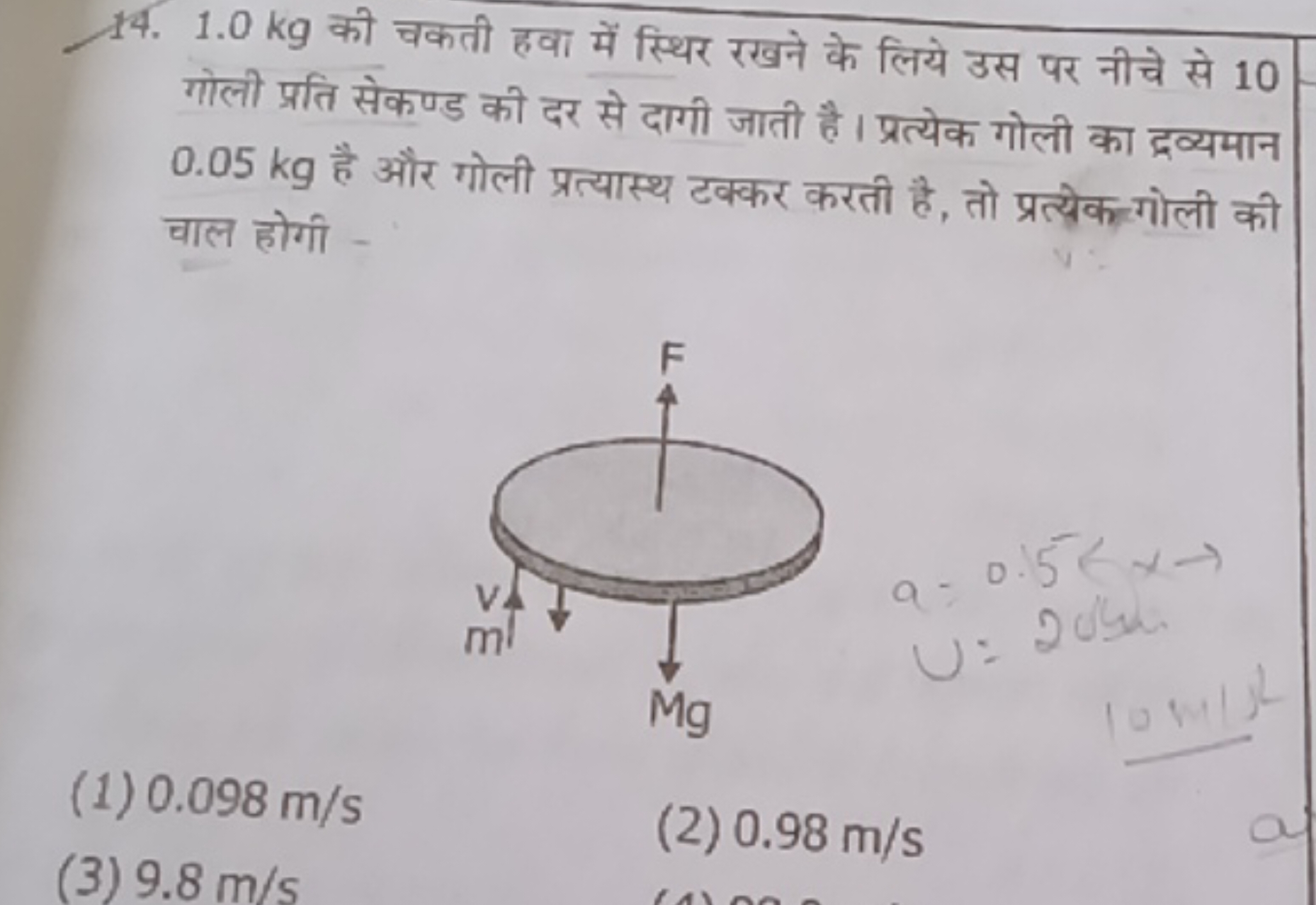 14. 1.0 kg की चकती हवा में स्थिर रखने के लिये उस पर नीचे से 10 गोली प्