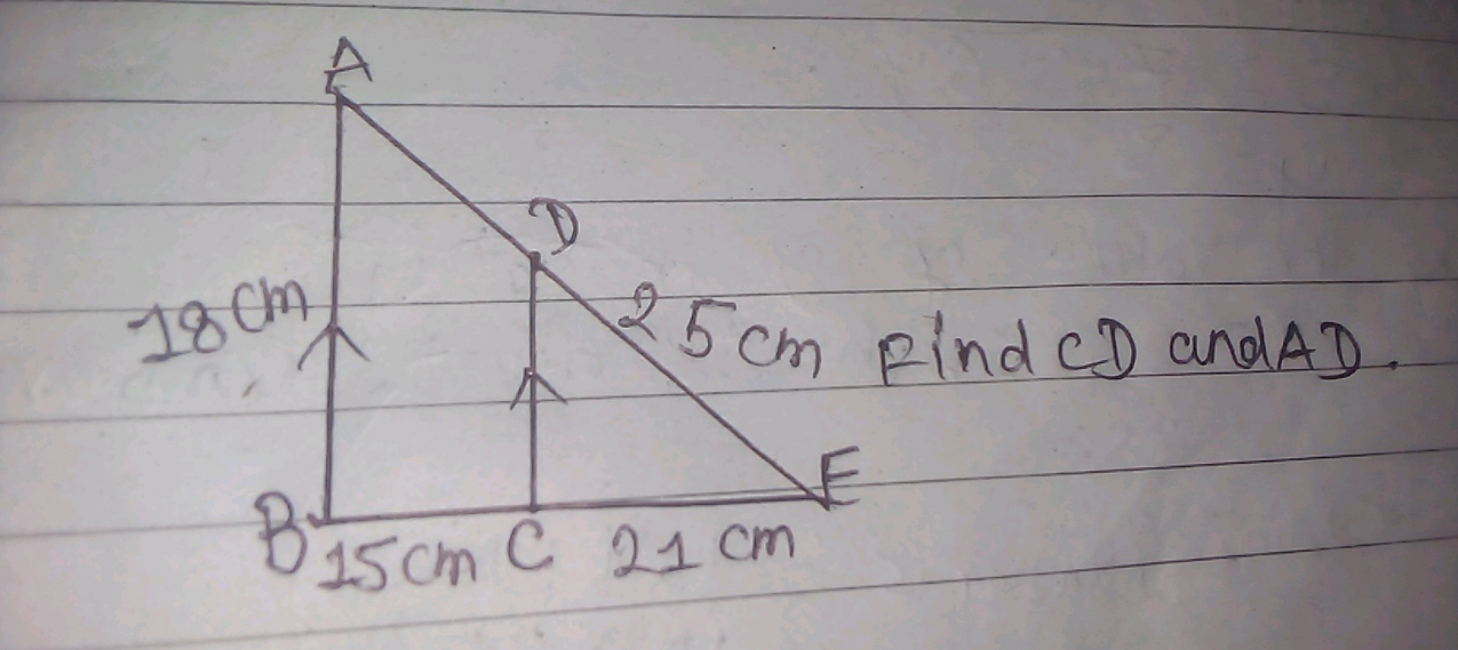 18cm
25cm Find CD and AD.
B15cm C 21 cm