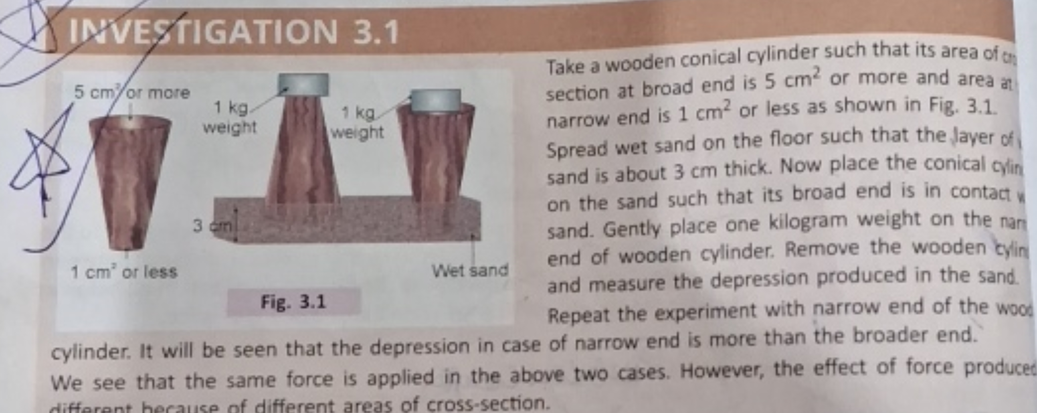 Take a wooden conical cylinder such that its area of of section at bro