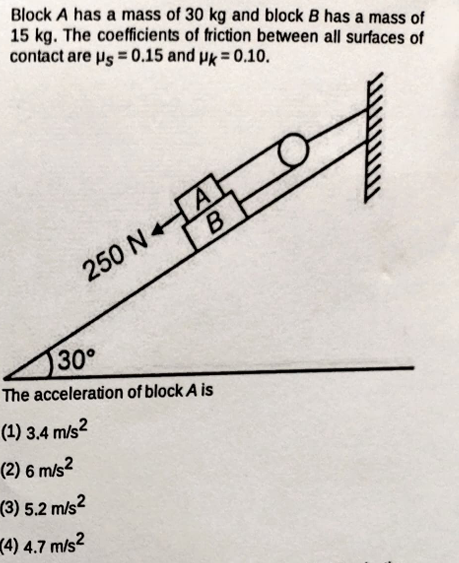 Block A has a mass of 30 kg and block B has a mass of 15 kg . The coef