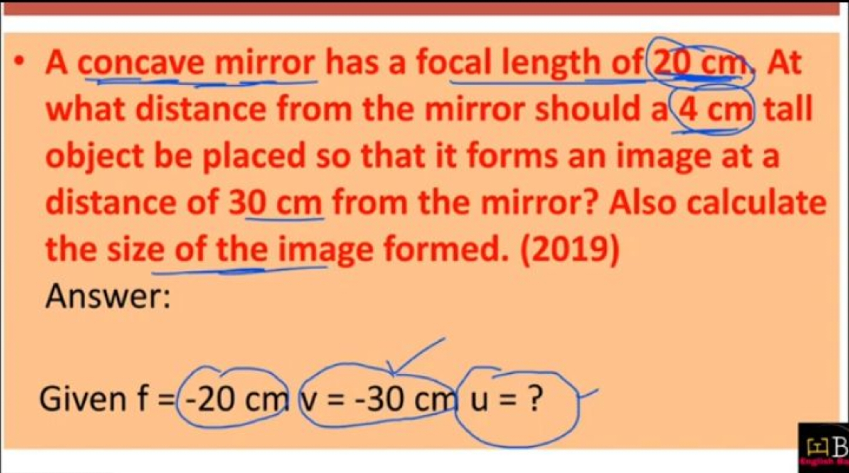 - A concave mirror has a focal length of 20 cm At what distance from t