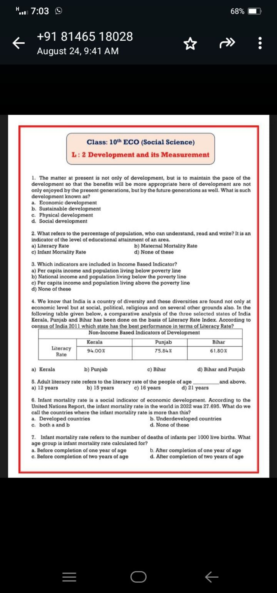 H
7:03
68\%
+91 8146518028
August 24, 9:41 AM

Class: 10th  ECO (Socia