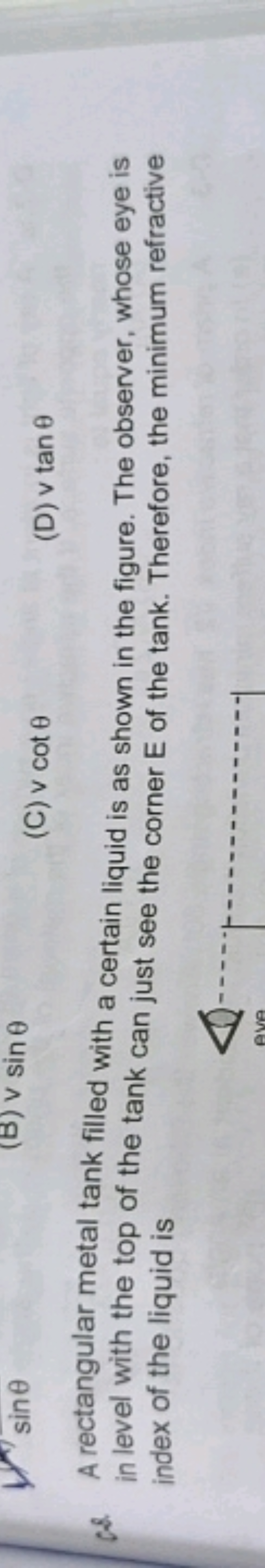 sinθ
(B) ∨sinθ
(C) vcotθ
(D) vtanθ
8. A rectangular metal tank filled 