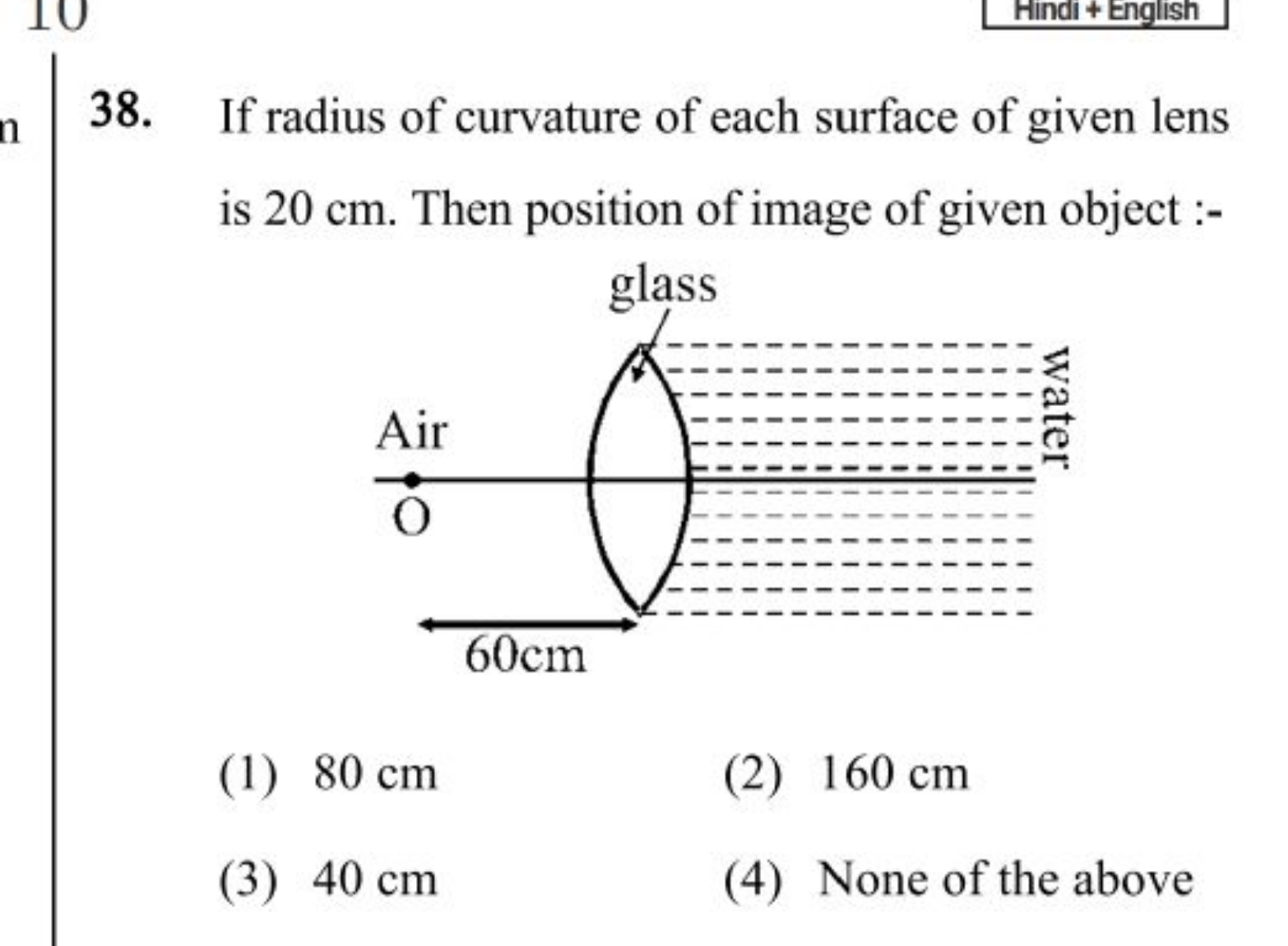 38. If radius of curvature of each surface of given lens is 20 cm . Th