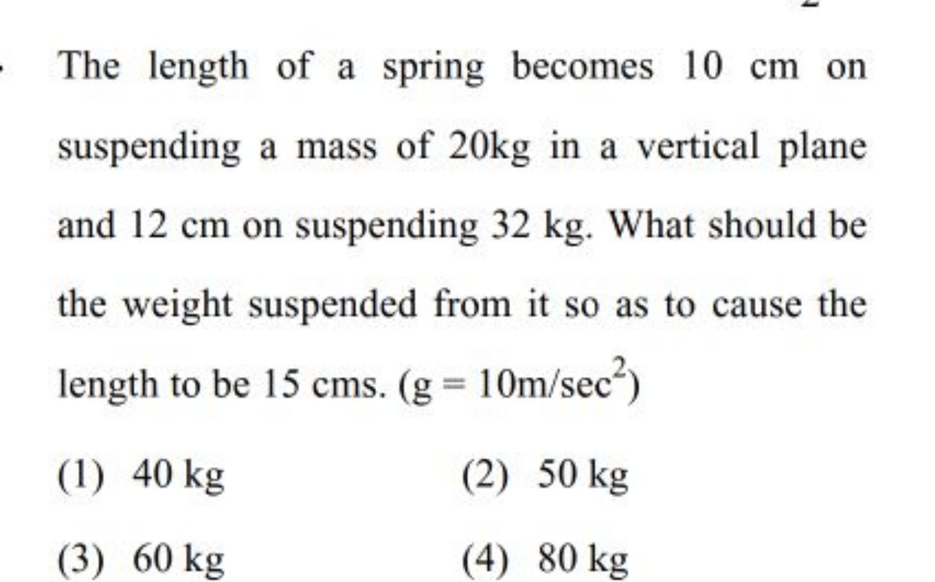 The length of a spring becomes 10 cm on suspending a mass of 20 kg in 