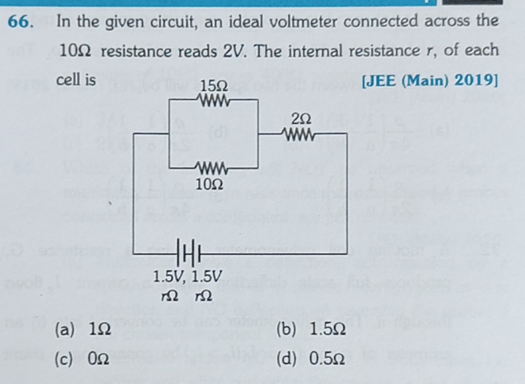 66. In the given circuit, an ideal voltmeter connected across the 10Ω 