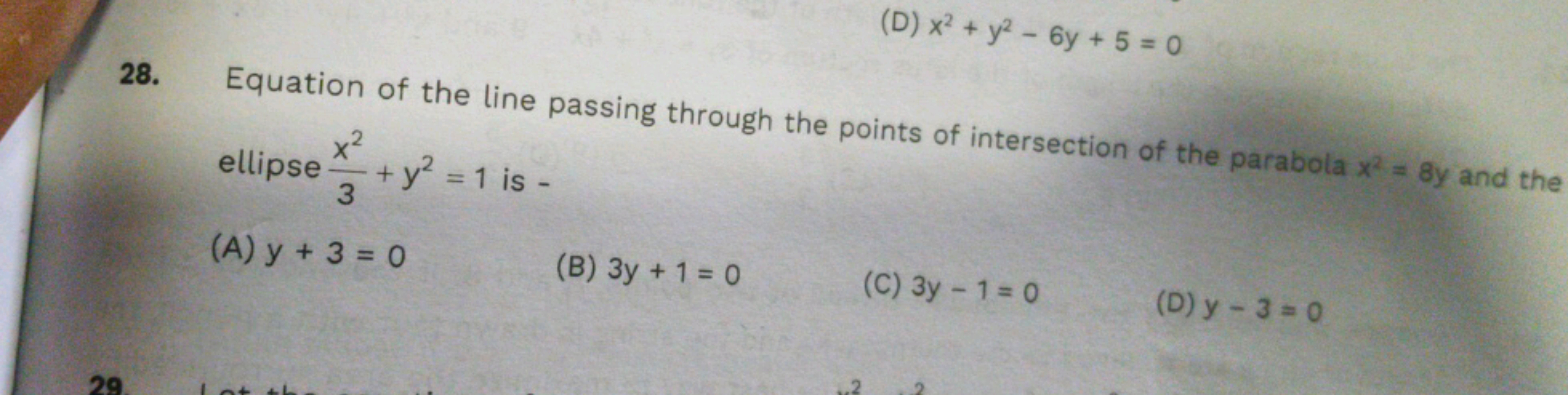 28. Equation of the line passing through the points of intersection of