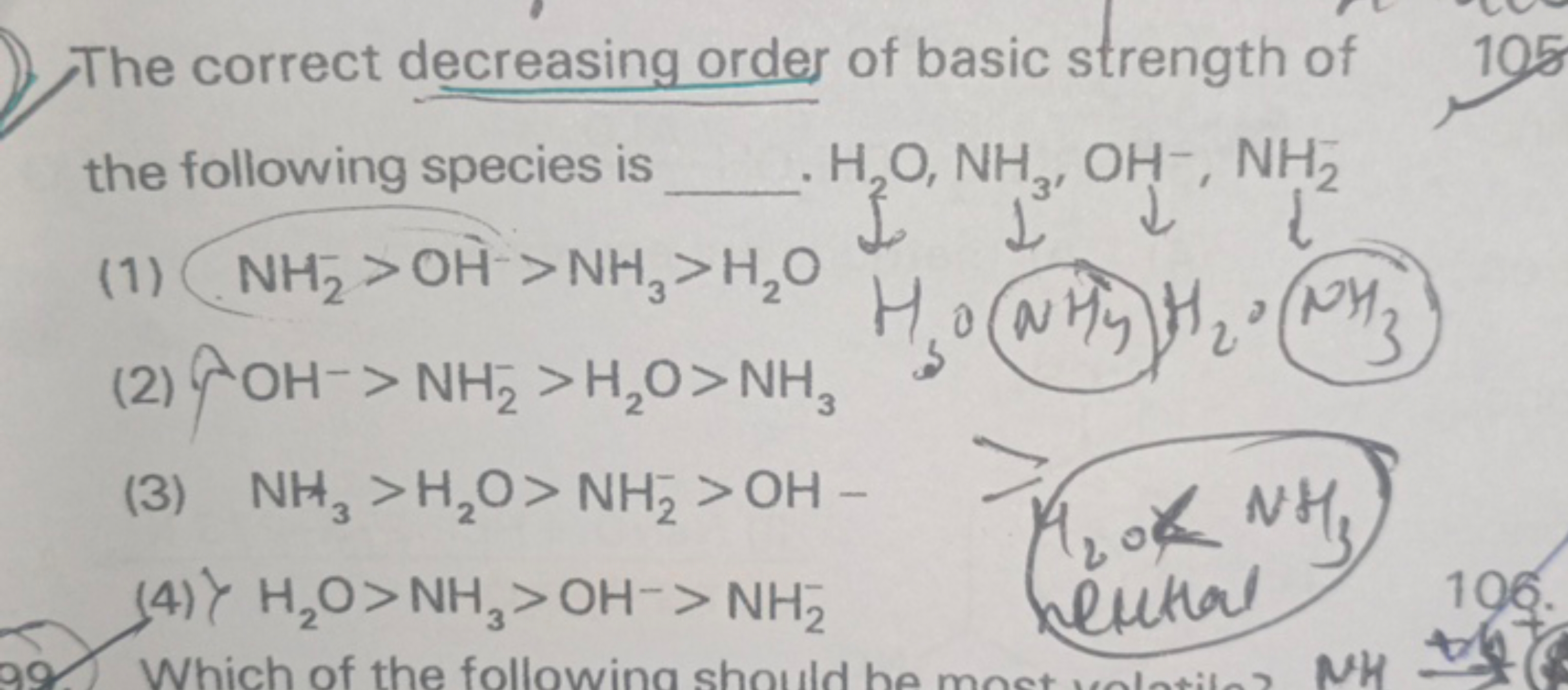 The correct decreasing order of basic strength of the following specie