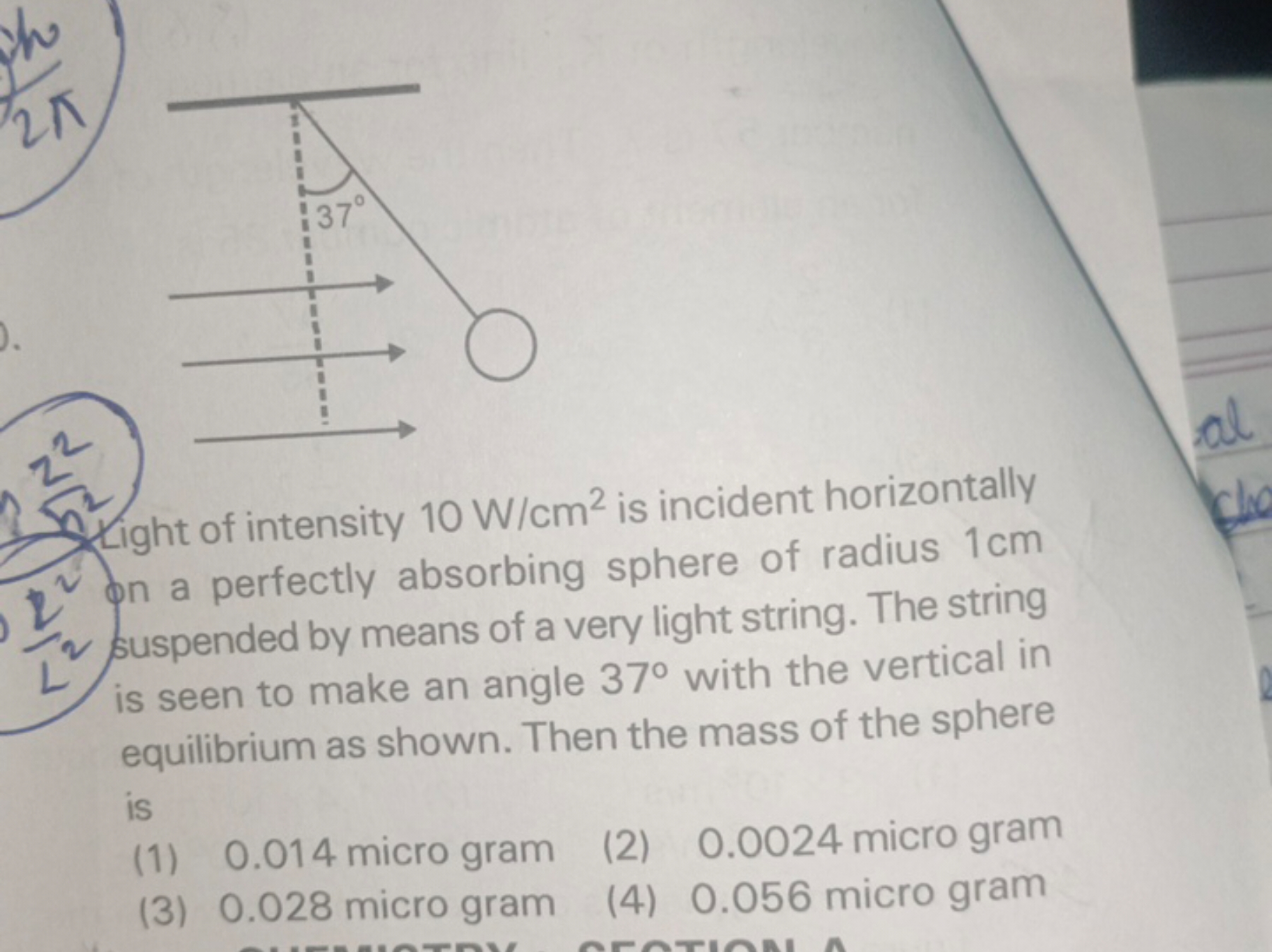 Light of intensity 10 W/cm2 is incident horizontally on a perfectly ab