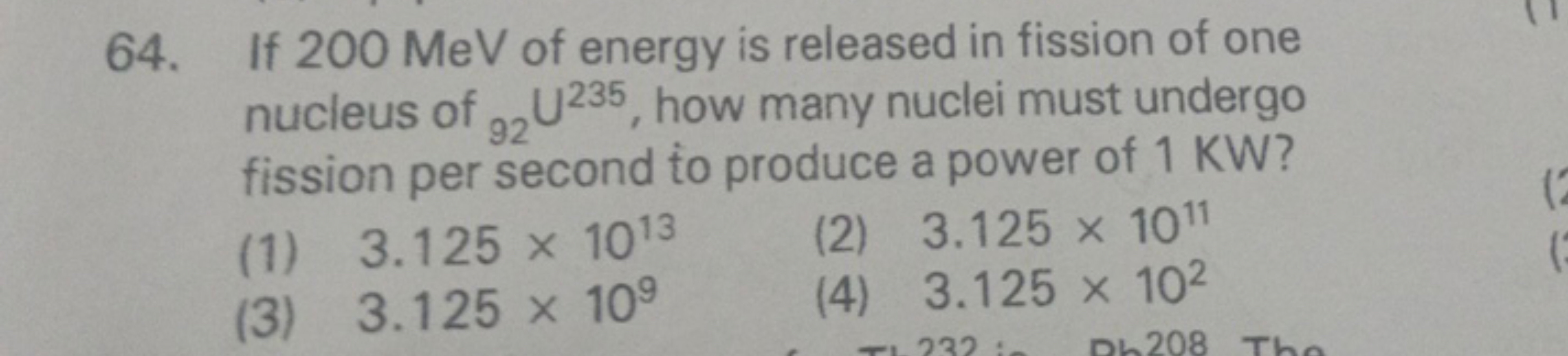 64. If 200 MeV of energy is released in fission of one
nucleus of U235