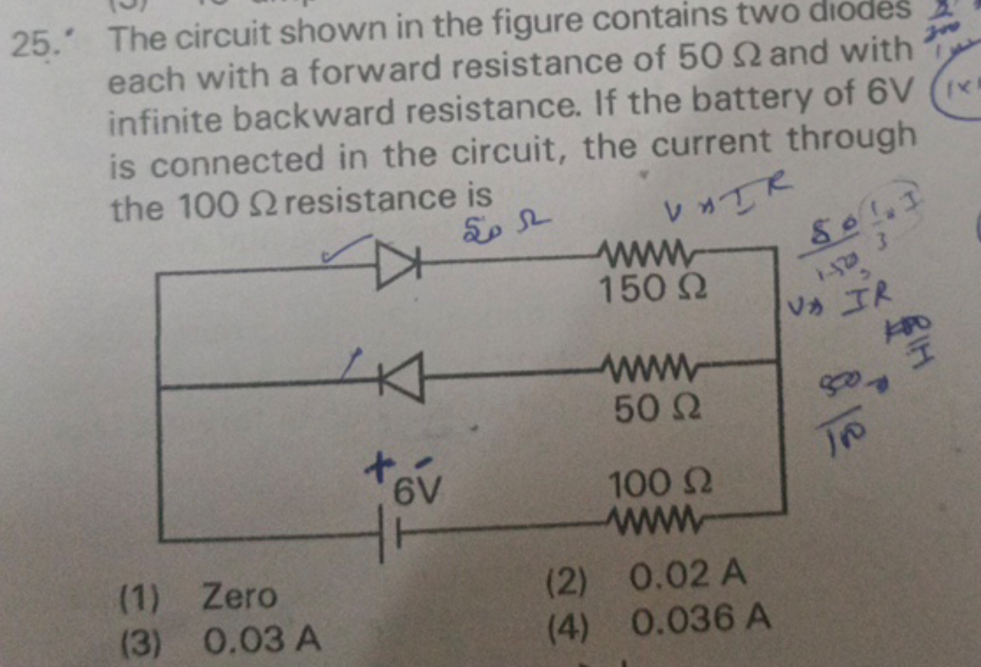 25. The circuit shown in the figure contains two diodes each with a fo