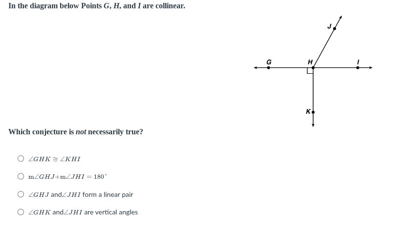 In the diagram below Points G,H, and I are collinear.

Which conjectur