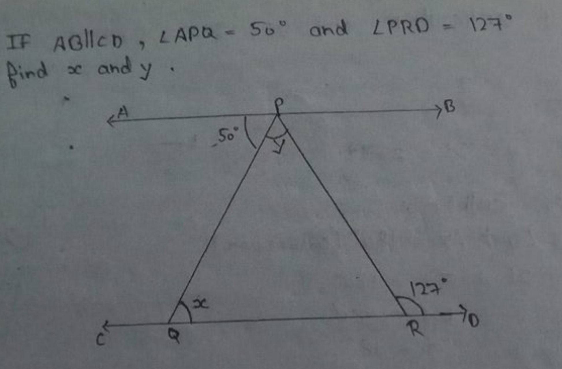 If AB∥CD,∠APQ=50∘ and ∠PRD=127∘ find x and y.