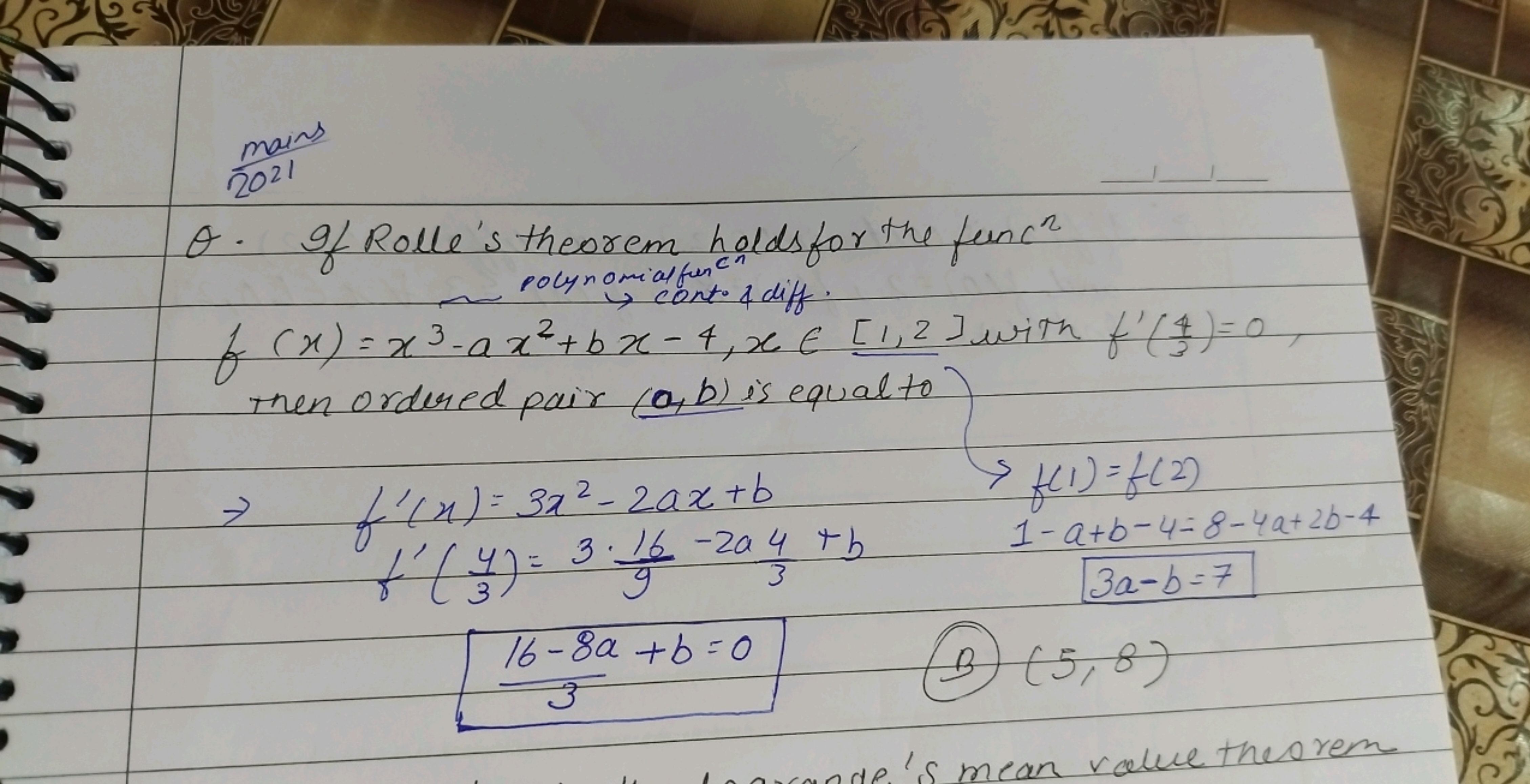 Q. If Rale's theorem holds for the finch
\[
f ( x ) = x ^ { 3 } - a x 