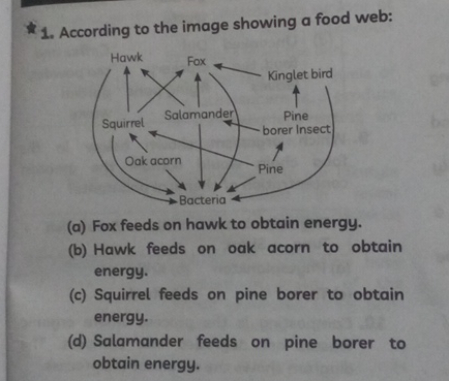 1. According to the image showing a food web:
(a) Fox feeds on hawk to