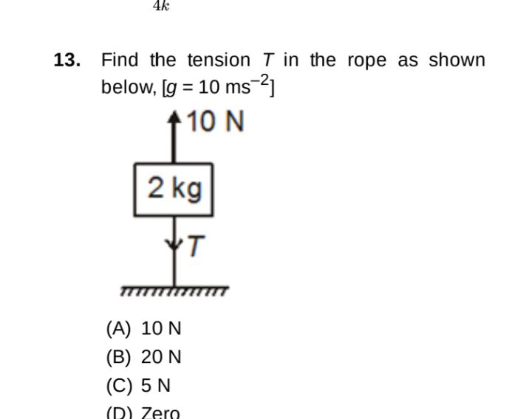 13. Find the tension T in the rope as shown below, [g=10 ms−2]
(A) 10 