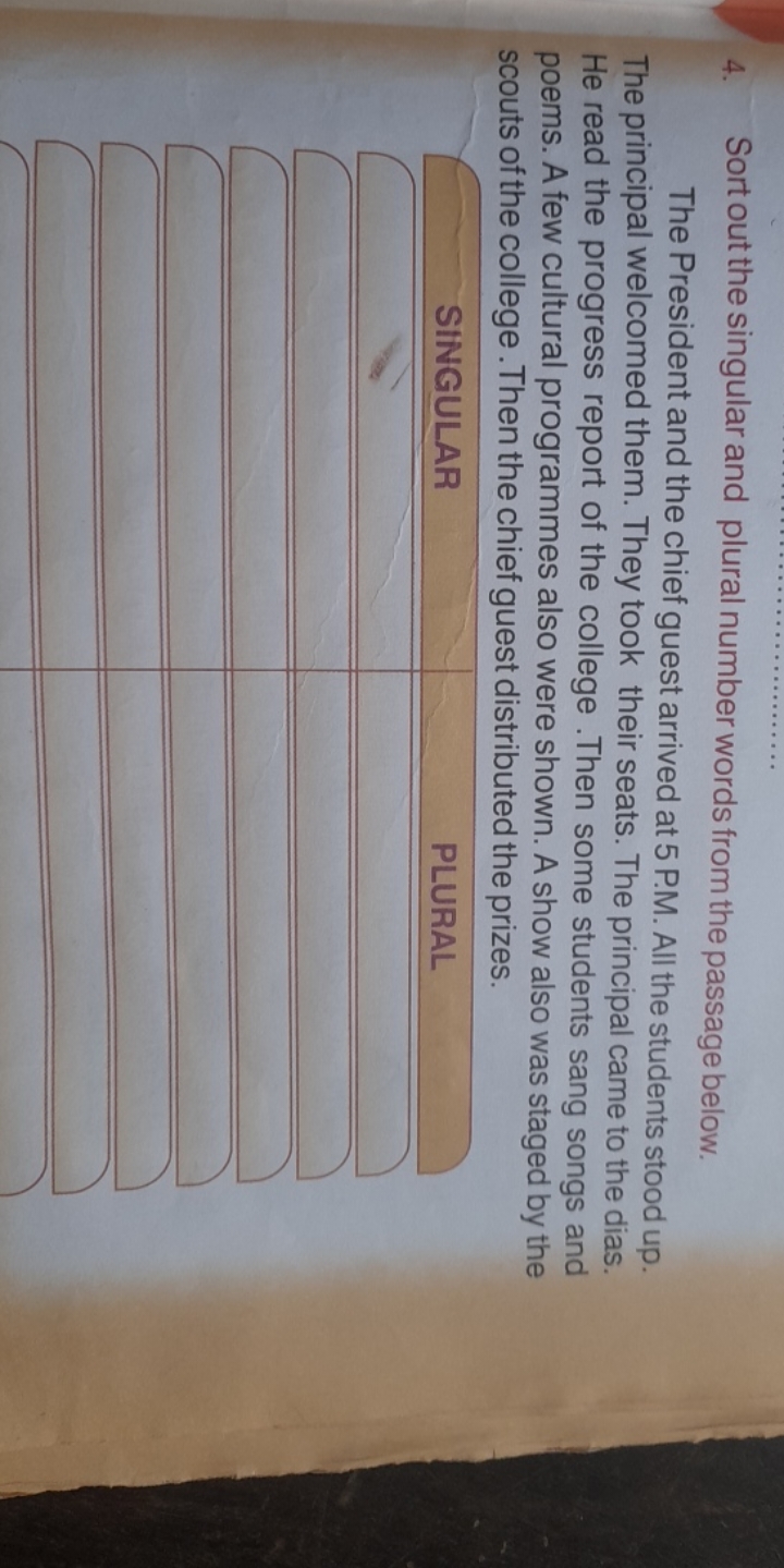 4. Sort out the singular and plural number words from the passage belo