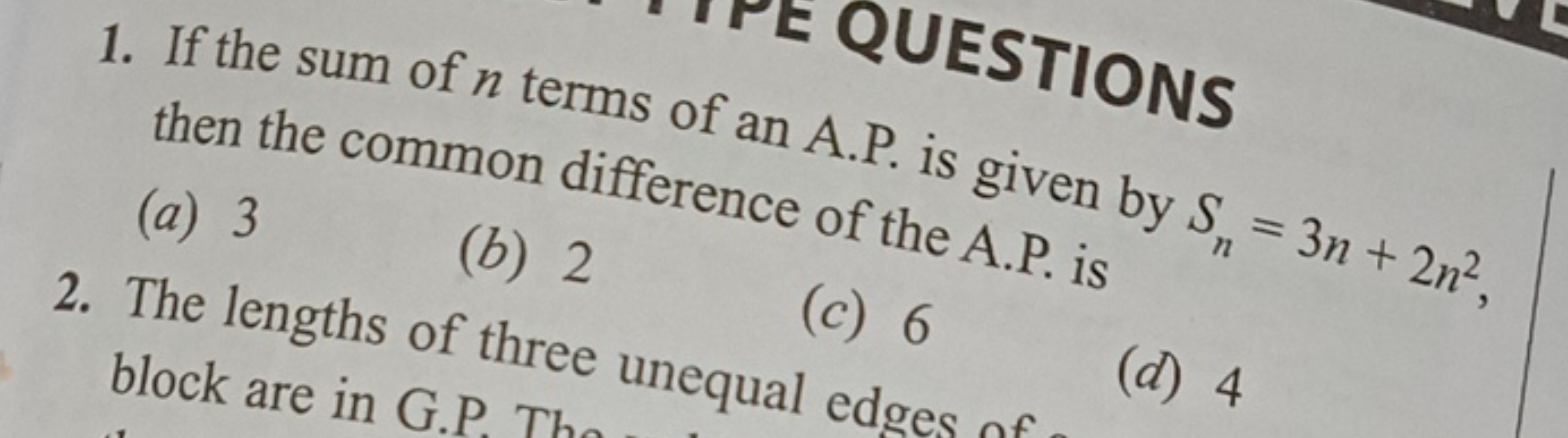 1. If the sum of n termc then the common differen A.P. is given by Sn​