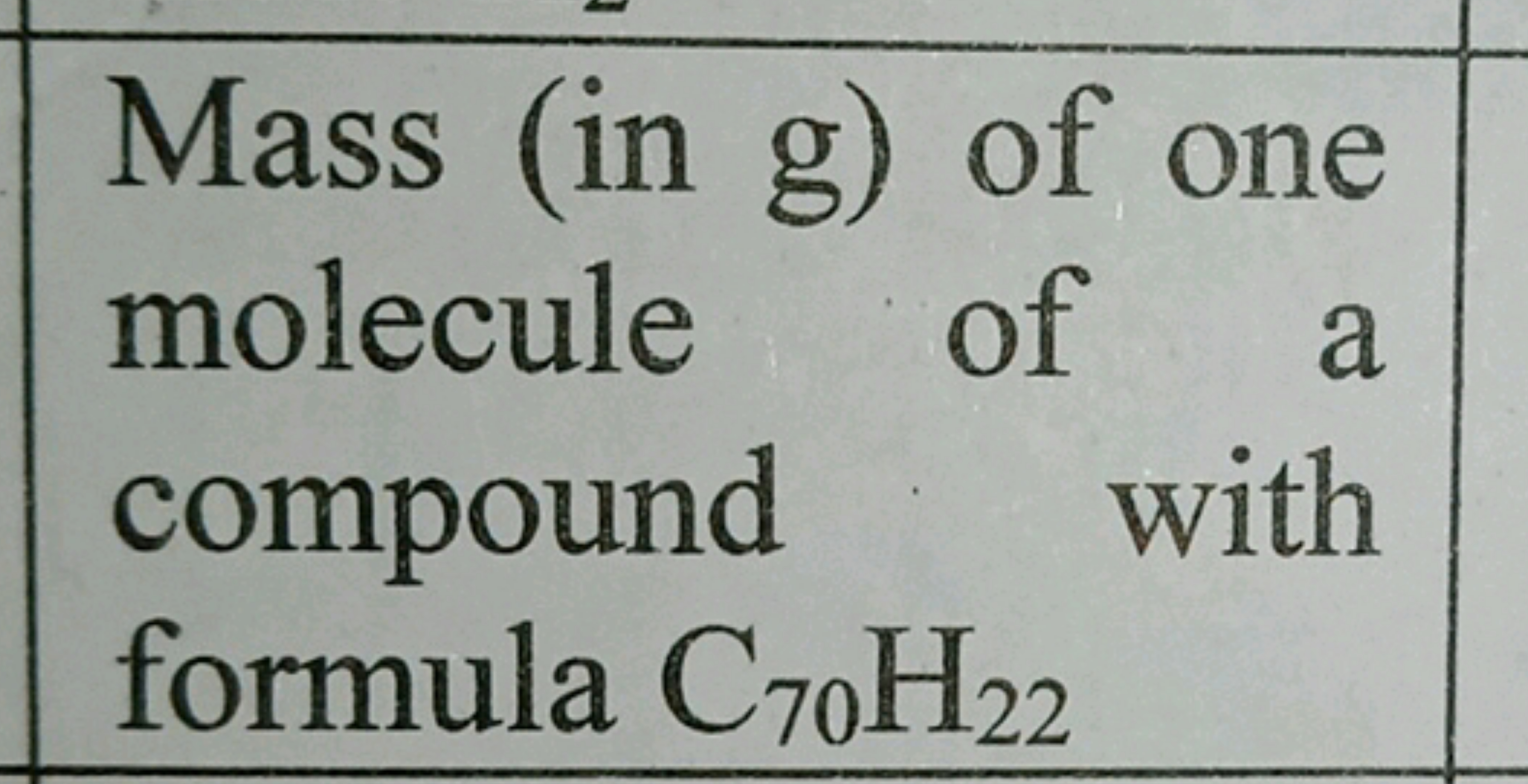 Mass (in g) of one
molecule of a
compound with
formula C70H22