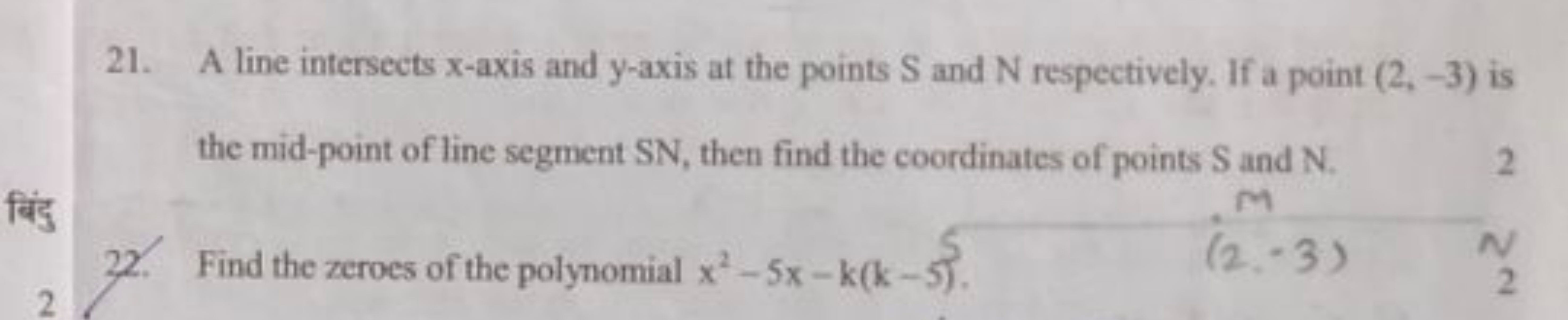 21. A line intersects x-axis and y-axis at the points S and N respecti