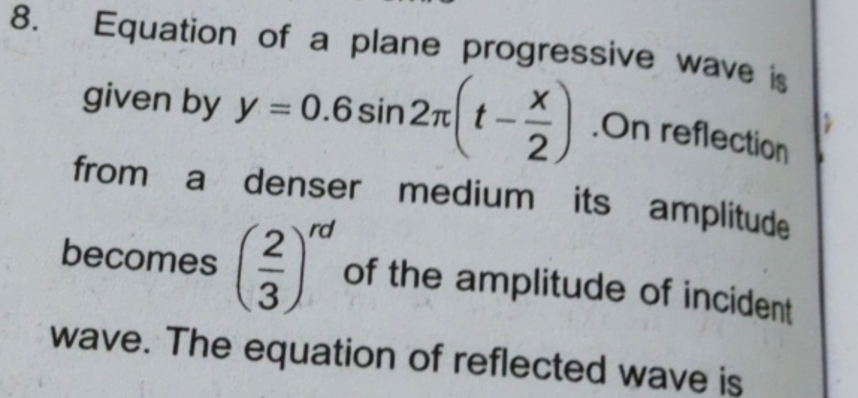 8. Equation of a plane progressive wave is given by y=0.6sin2π(t−2x​).